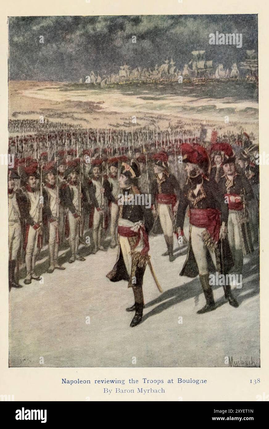 Napoléon passant en revue les troupes à Boulogne par le baron Myrbach Napoléon Bonaparte (né Napoléon di Buonaparte ; 15 août 1769 - 5 mai 1821), plus tard connu sous son nom régnal Napoléon Ier, était un officier militaire et homme d'État français qui a pris de l'importance pendant la Révolution française et a mené une série de campagnes réussies à travers l'Europe pendant la Révolution française et les guerres napoléoniennes de 1796 à 1815. Il est le chef de la République française en tant que premier consul de 1799 à 1804, puis de l'Empire français en tant qu'empereur des Français de 1804 à 1814, et brièvement à nouveau en 1815. Banque D'Images