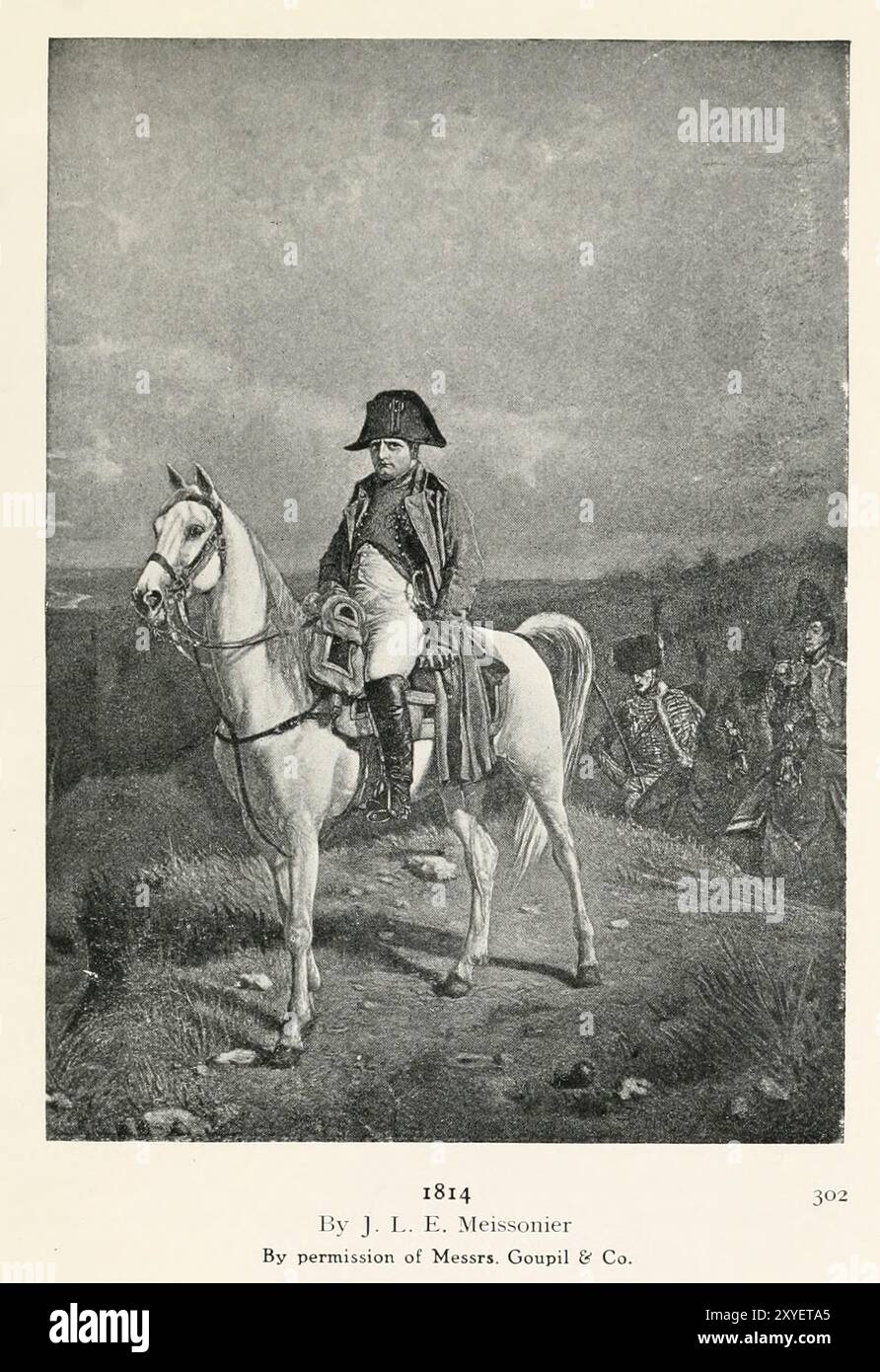 Napoléon à cheval 1814 par J. L. E. Meissonier Napoléon Bonaparte (né Napoleone di Buonaparte ; 15 août 1769 - 5 mai 1821), plus tard connu sous son nom régnal Napoléon Ier, était un officier militaire et homme d'État français qui a pris de l'importance pendant la Révolution française et a mené une série de campagnes réussies à travers l'Europe pendant la Révolution française et les guerres napoléoniennes de 1796 à 1815. Il est le chef de la République française en tant que premier consul de 1799 à 1804, puis de l'Empire français en tant qu'empereur des Français de 1804 à 1814, et brièvement à nouveau en 1815. Banque D'Images