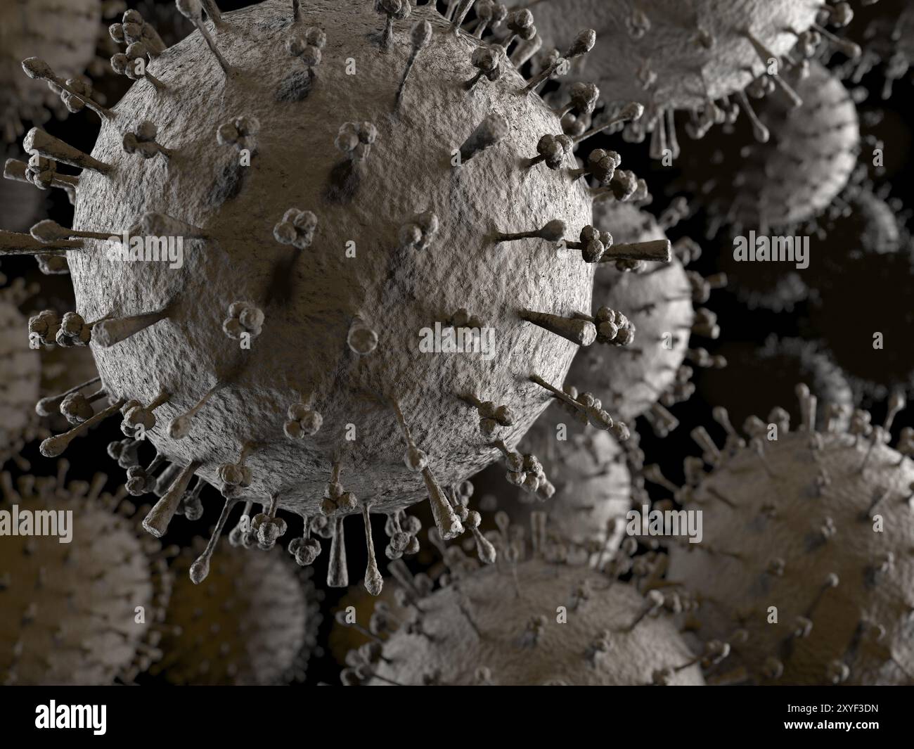 Virus de la grippe H1N1 H5N1 particules du virus de la grippe A, virions. Illustration 3D de la propagation du virus grippe porcine, grippe aviaire, grippe canine, épidémie de grippe équine Banque D'Images