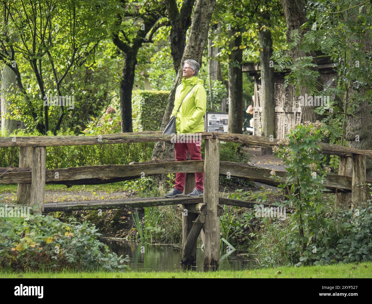 La même femme se tient sur un pont en bois dans un parc forestier verdoyant un jour d'automne, Bad Zwischenahn, ammerland, allemagne Banque D'Images