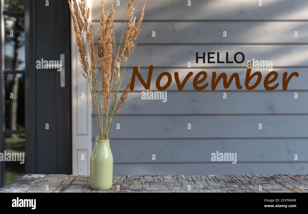 Bonjour novembre. Carte d'affiche, herbes d'automne sur la table en bois contre la porte et le mur de la maison moderne en bois. Banque D'Images
