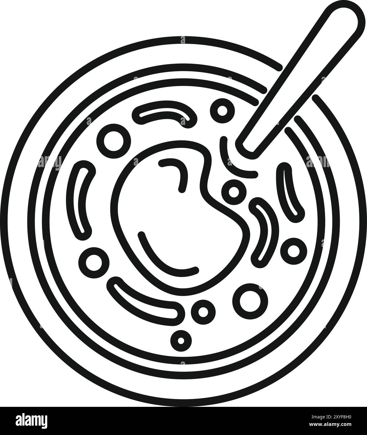 Icône noire et blanche d'une boîte de Pétri avec des bactéries poussant à l'intérieur, examinée au microscope Illustration de Vecteur