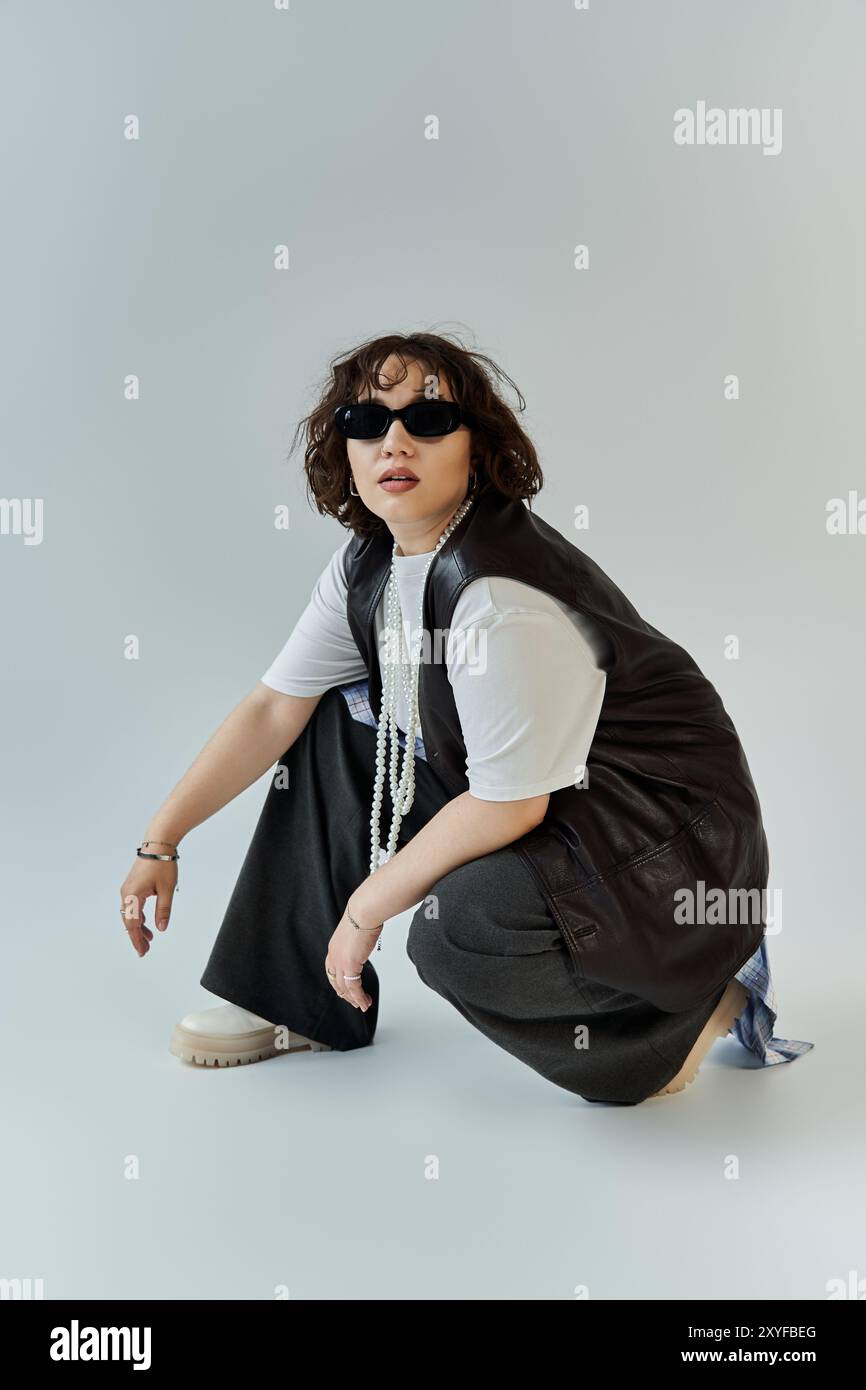 Une femme dans un gilet en cuir et des lunettes de soleil pose sur un fond blanc. Banque D'Images