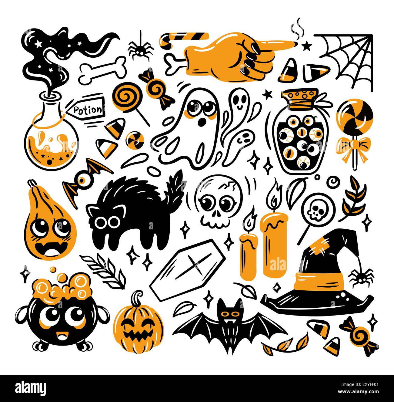 Une collection ludique de griffonnages sur le thème de l'Halloweenthème avec fantômes, citrouilles et illustrations charmantes Illustration de Vecteur