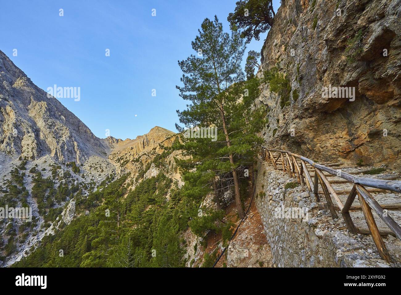 Sentier de randonnée pierreux le long d'une paroi rocheuse, entouré de montagnes et d'arbres, Xyloskalo, escalier en bois à l'entrée des gorges de Samaria, Lefka Ori, Banque D'Images