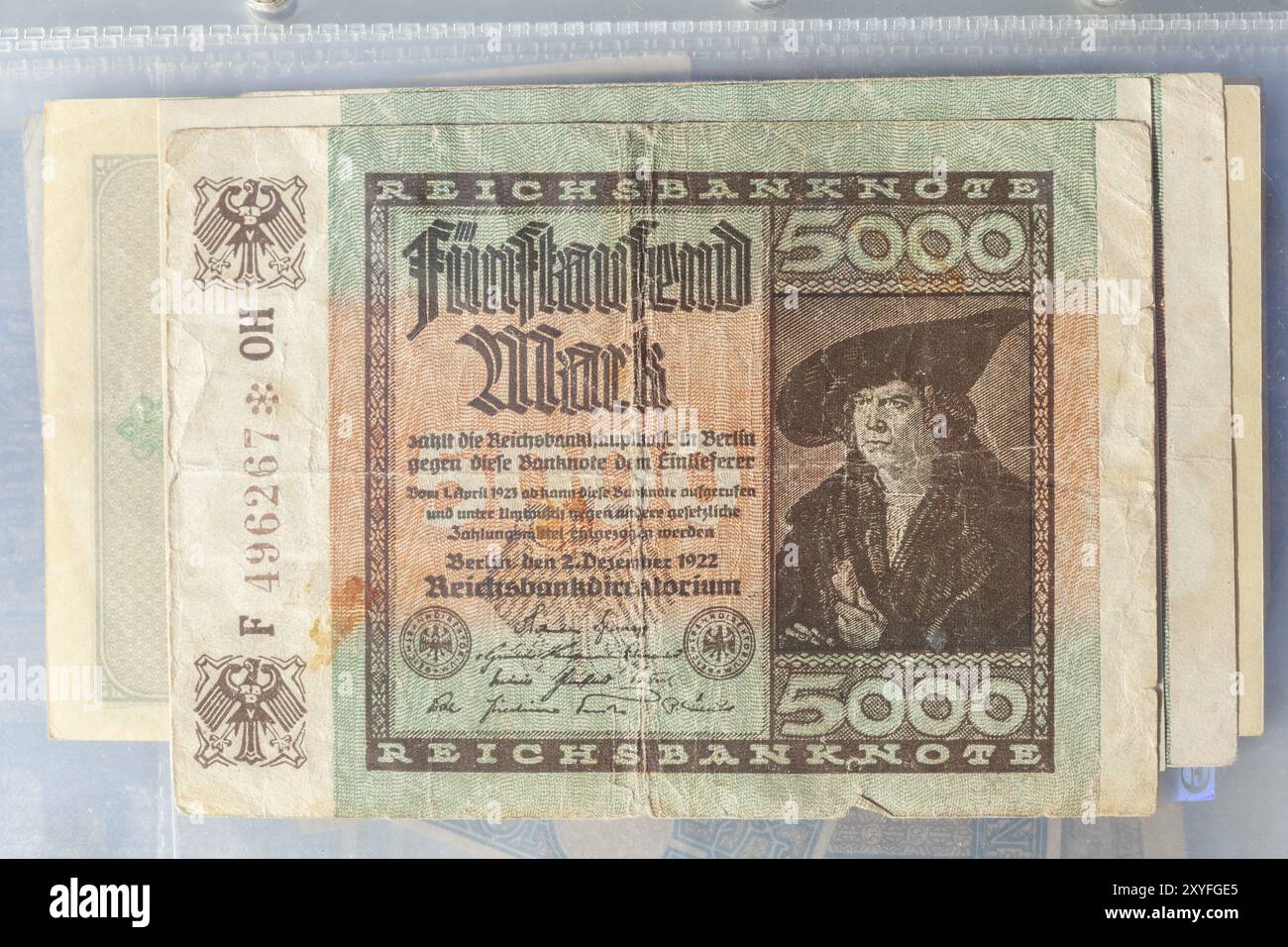 Billet de banque historique, Reichsbanknote, cinq mille marks, 1922, monnaie d'inflation, Reich allemand, République de Weimar, Allemagne, Europe Banque D'Images