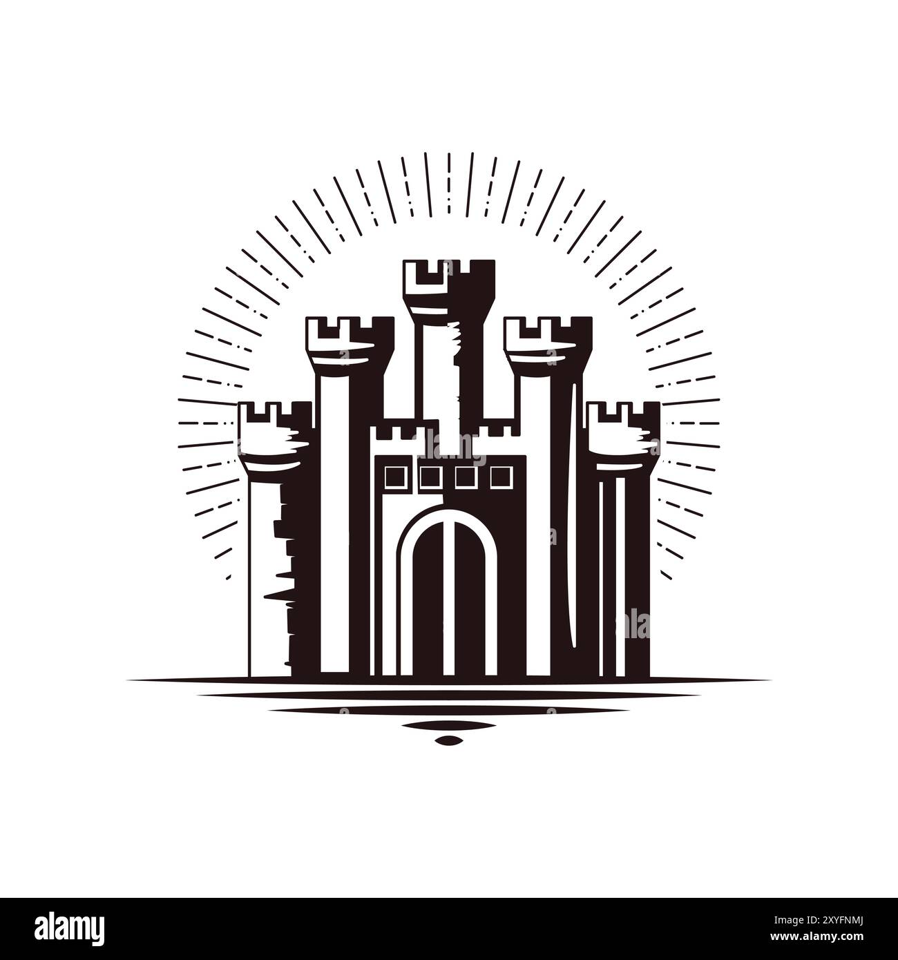 Vintage rétro Old Brick Stone Castle Tower Palace Kingdom avec illustration du lever du soleil Illustration de Vecteur