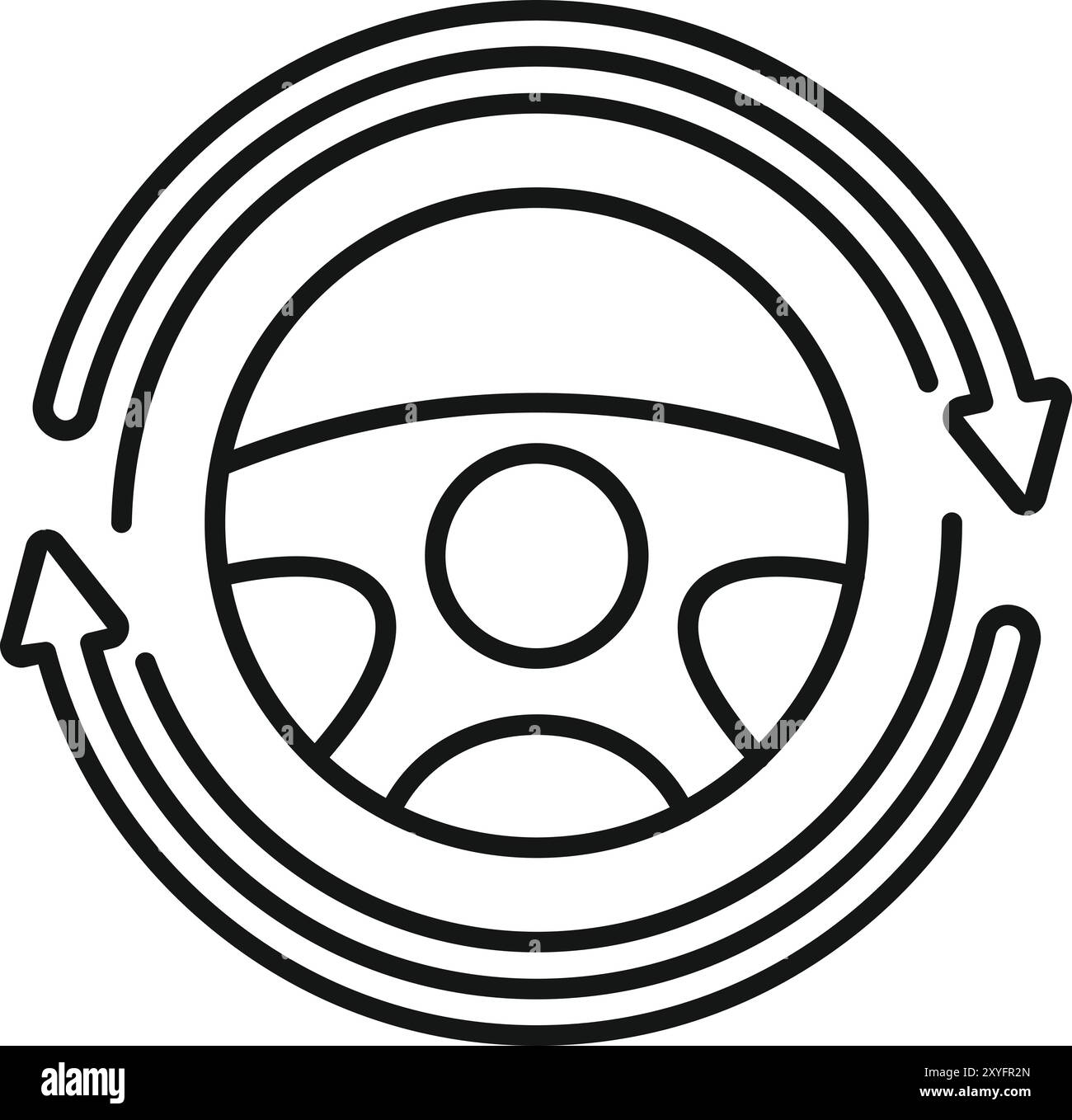 Simple dessin au trait d'un volant de voiture entouré de deux flèches circulaires, symbolisant les leçons de conduite et l'apprentissage de la conduite Illustration de Vecteur