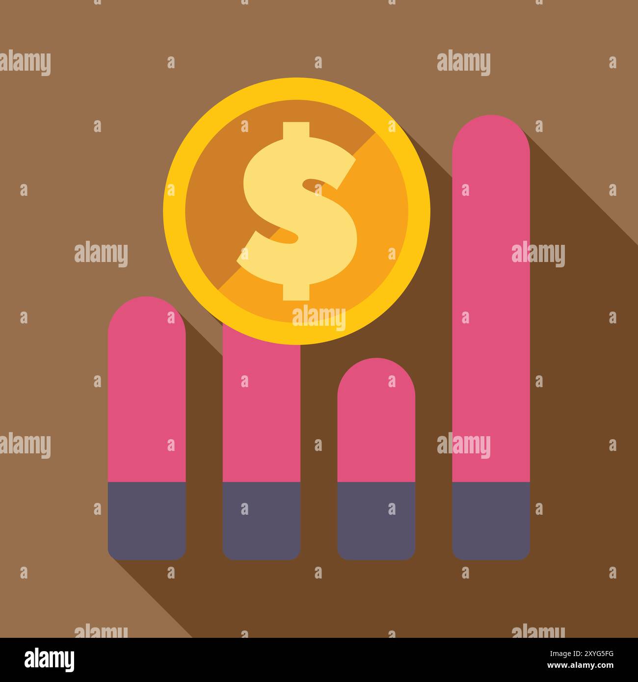 Grande pièce de dollar d'or flotte sur un graphique à barres croissant sur un fond brun Illustration de Vecteur