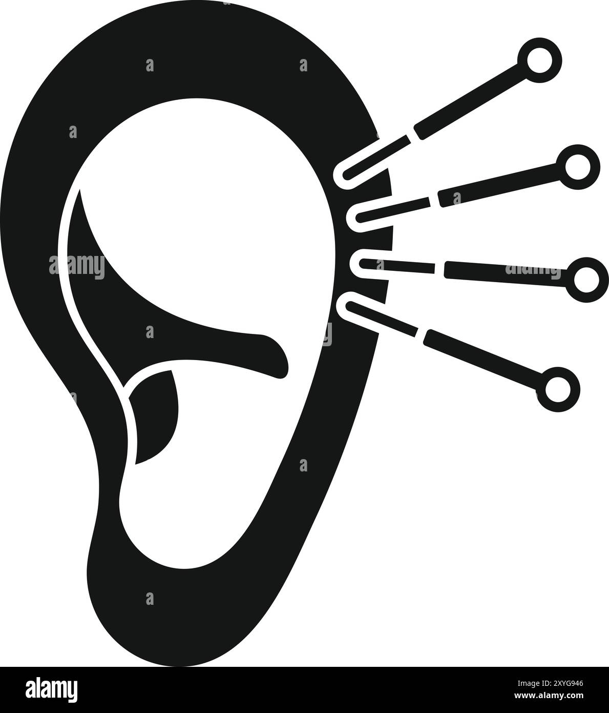 Icône noire et blanche de l'acupuncture de l'oreille, stimulant des points spécifiques avec des aiguilles pour des bienfaits thérapeutiques Illustration de Vecteur