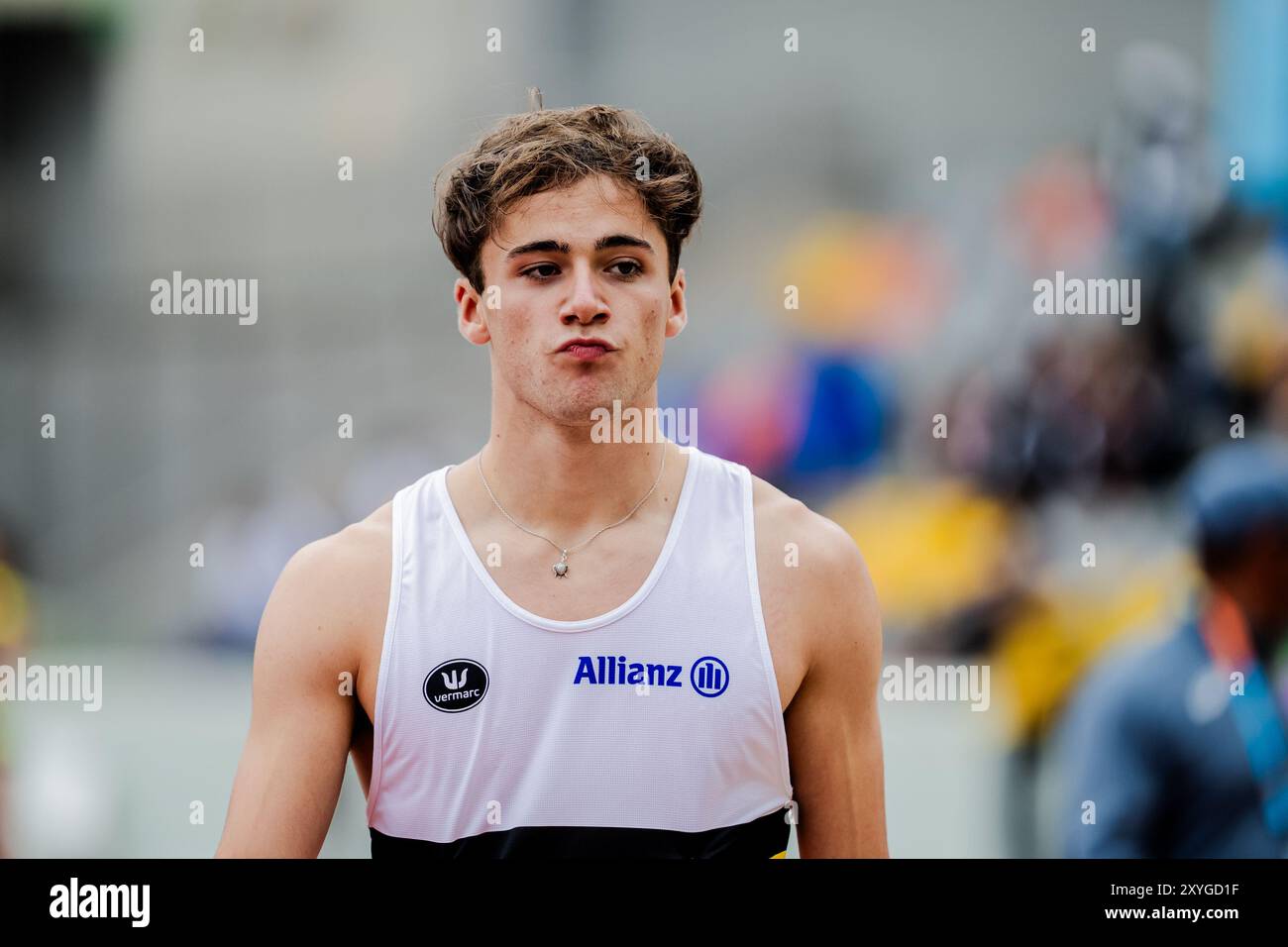 Lima, Pérou. 29 août 2024. Le belge Nemo rase réagit au 110m haies masculin, lors des Championnats du monde d'athlétisme U20, jeudi 29 août 2024, à Lima, au Pérou. Les championnats du monde se déroulent du 27 au 31 août. BELGA PHOTO SONYA MALETER crédit : Belga News Agency/Alamy Live News Banque D'Images