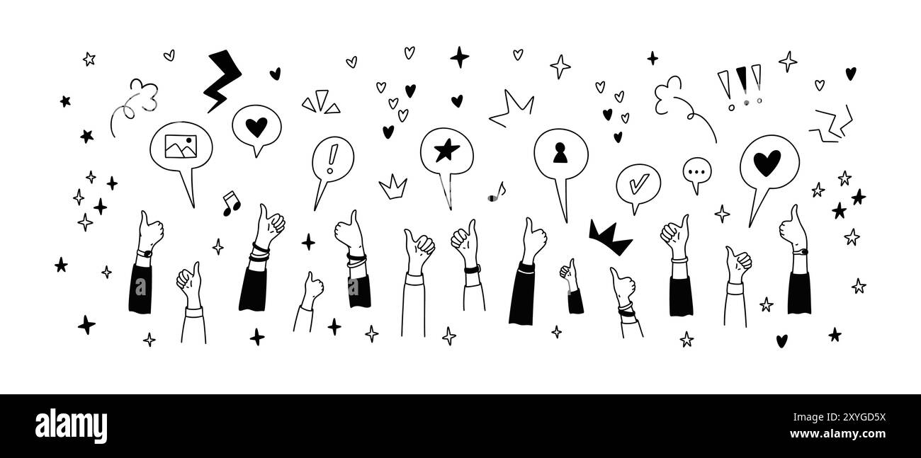 Éléments de design mignon griffonner le pouce vers le haut. Fête d'anniversaire, école, festival de musique, célébration, illustration de conception d'événement. Crayon enfant s Illustration de Vecteur