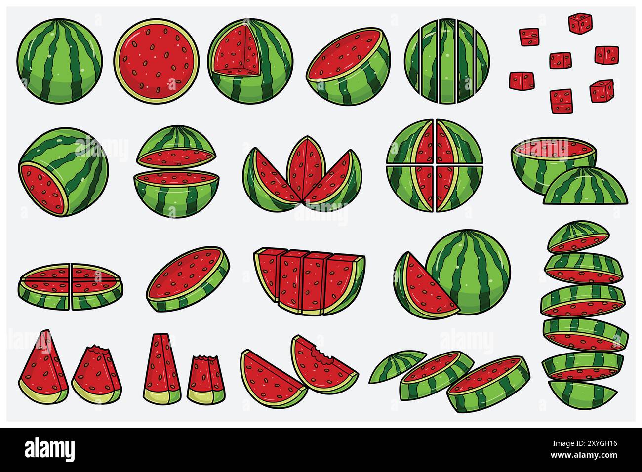 Ensemble de dessins animés de fruits de pastèque avec tranche, moitié, coupe et pose différente. Éléments de conception pour toile de fond, motif, papier peint, étiquette, saveur, déformation an Illustration de Vecteur