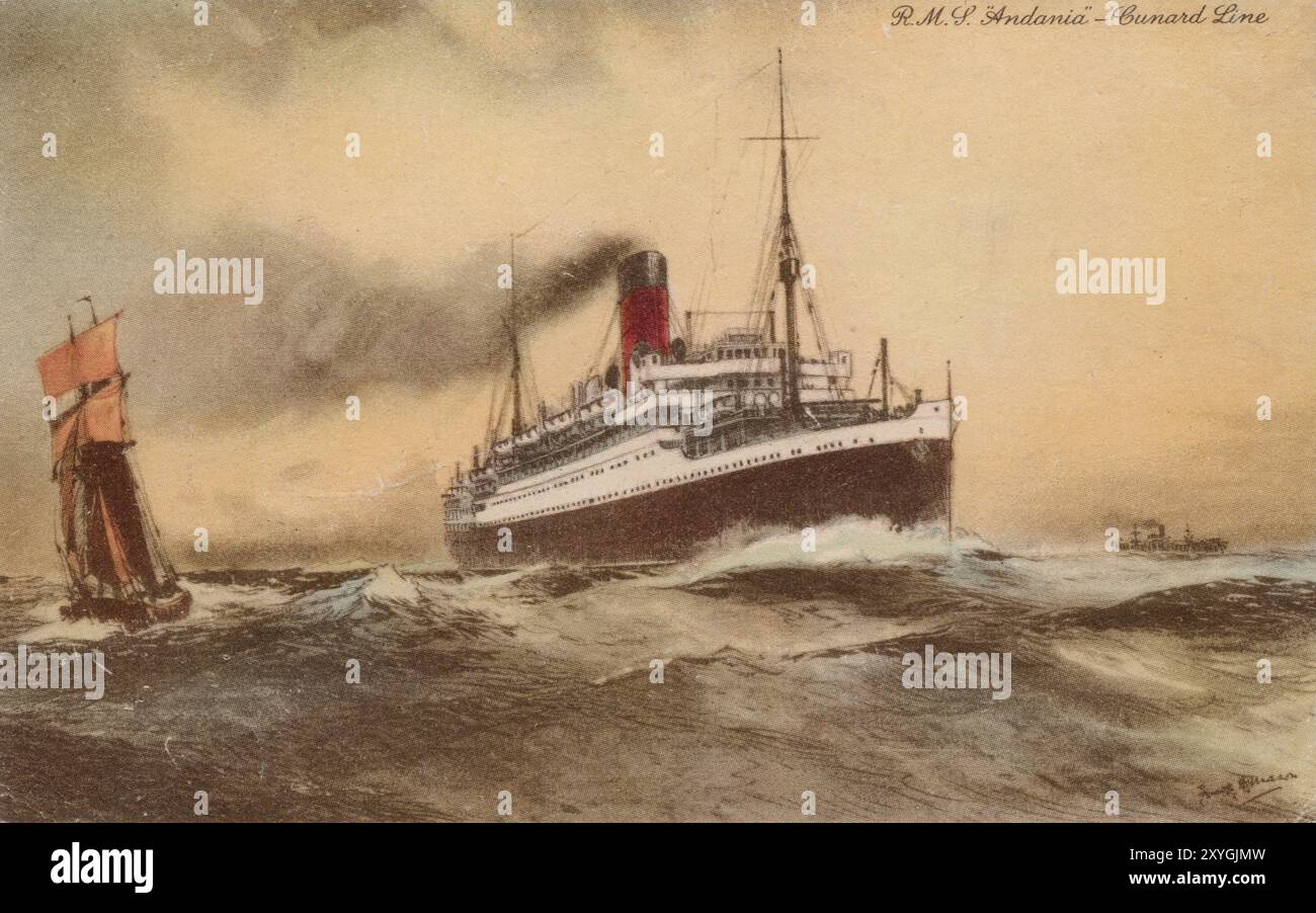 RMS 'Andania' Cunard Line Passenger Ship, environ carte postale des années 1920. Banque D'Images