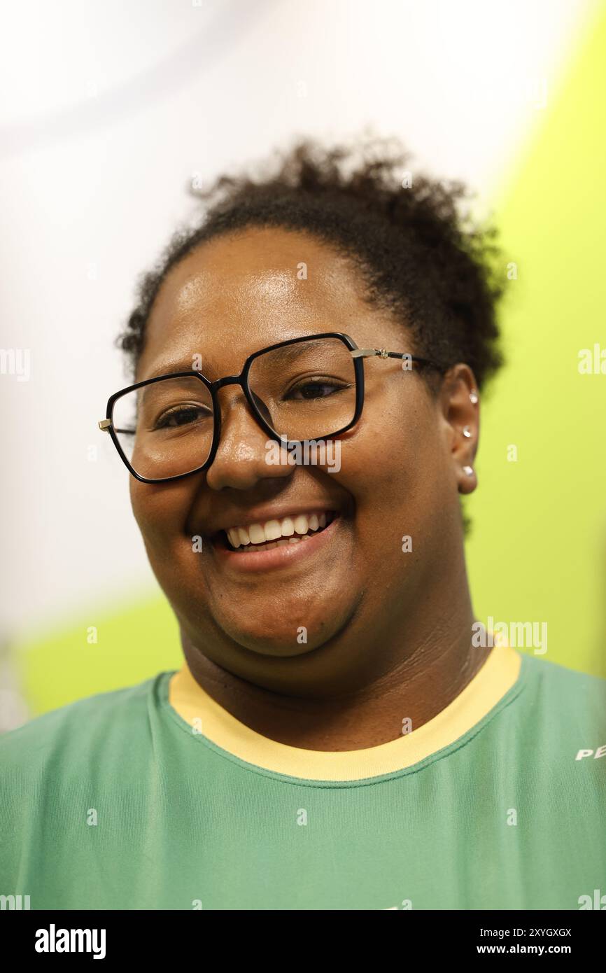Portrait de Beatriz Souza, athlète brésilienne de judo, médaillée d'or aux Jeux Olympiques de Paris 2024. Portrait médaillé des Jeux Olympiques de BIA Souza. Banque D'Images