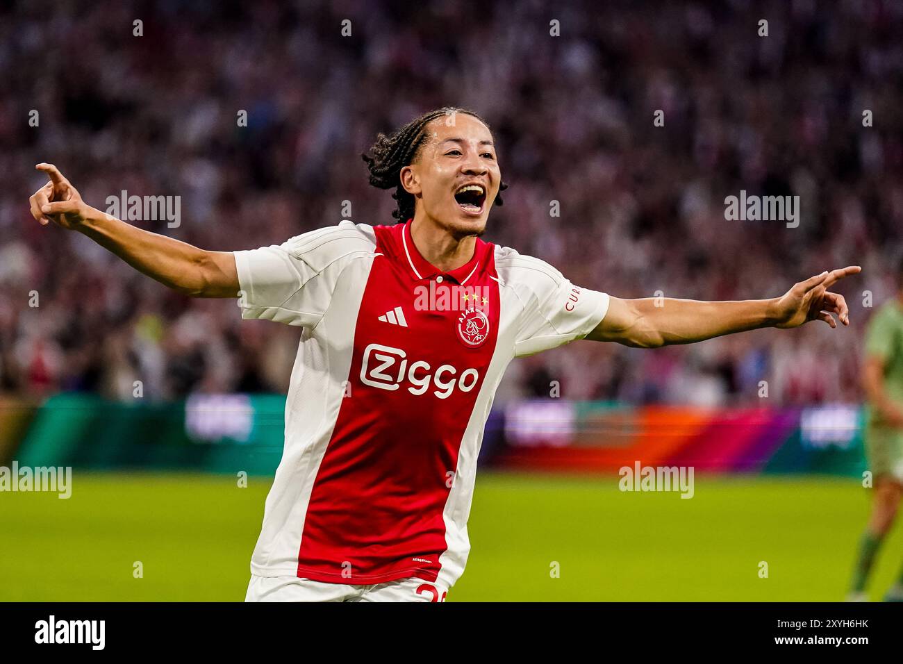 AMSTERDAM, PAYS-BAS - AOÛT 29 : Kian Fitz-Jim de l'AFC Ajax célèbre après avoir marqué le premier but de son équipe lors des Play-offs de l'UEFA Europa League entre Ajax et Jagiellonia Bialystok à la Johan Cruijff Arena le 29 août 2024 à Amsterdam, pays-Bas. (Photo de René Nijhuis) Banque D'Images