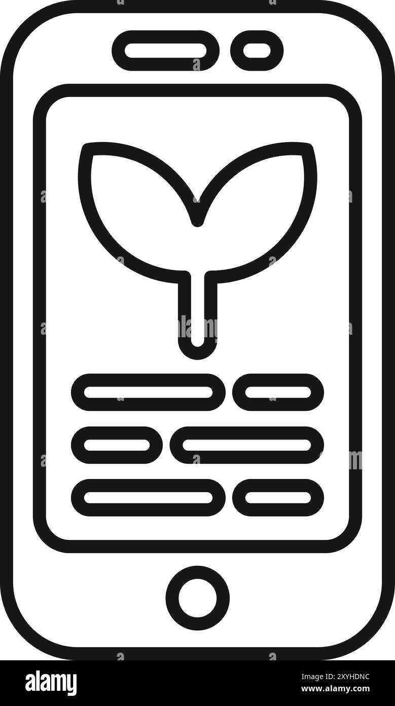 Icône de style dessin au trait d'un smartphone affichant une icône de germe, symbolisant une application liée à la technologie verte Illustration de Vecteur