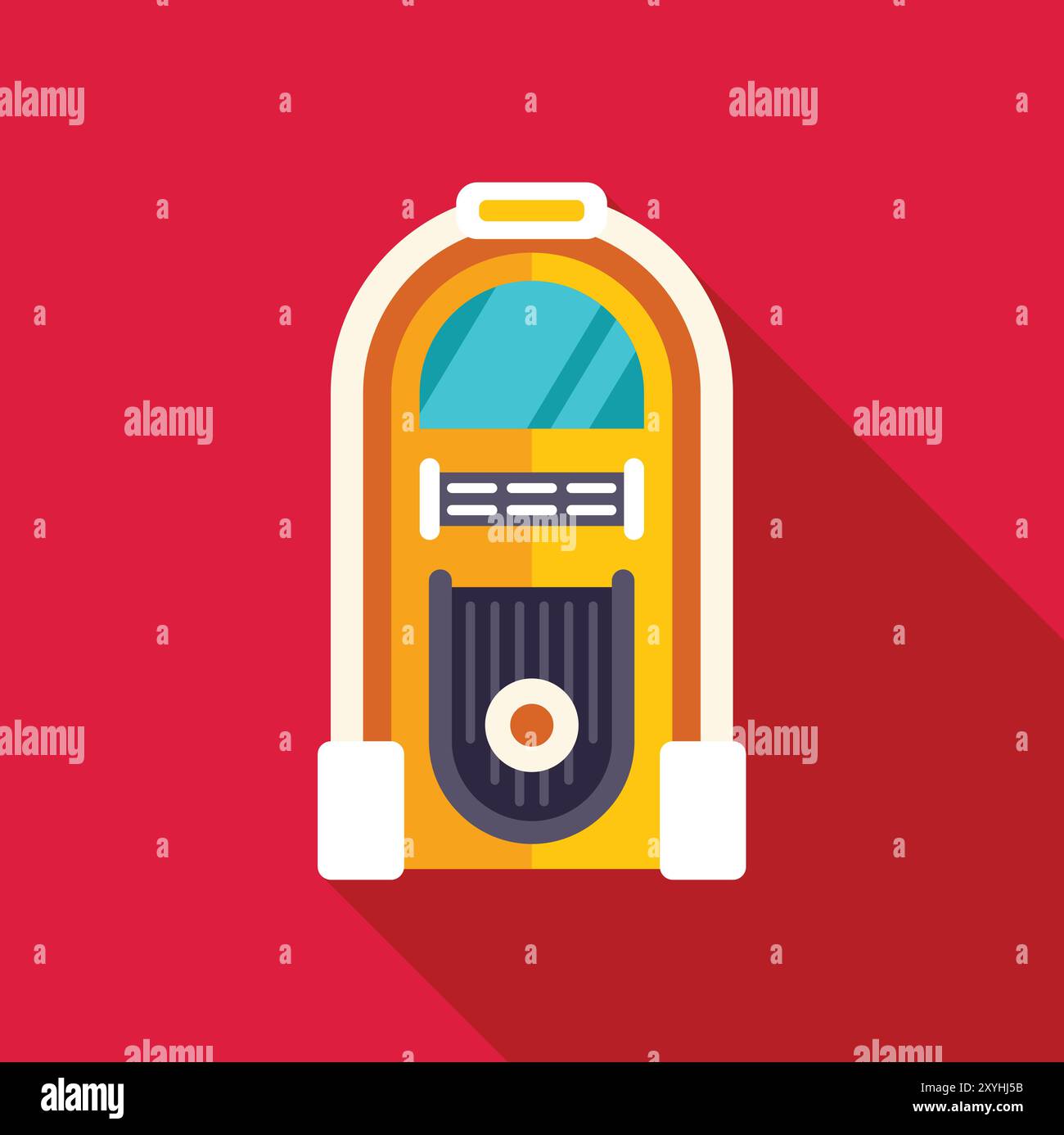 Juke-box jaune classique avec une longue ombre sur fond rouge, parfait pour la musique et les thèmes de nostalgie Illustration de Vecteur