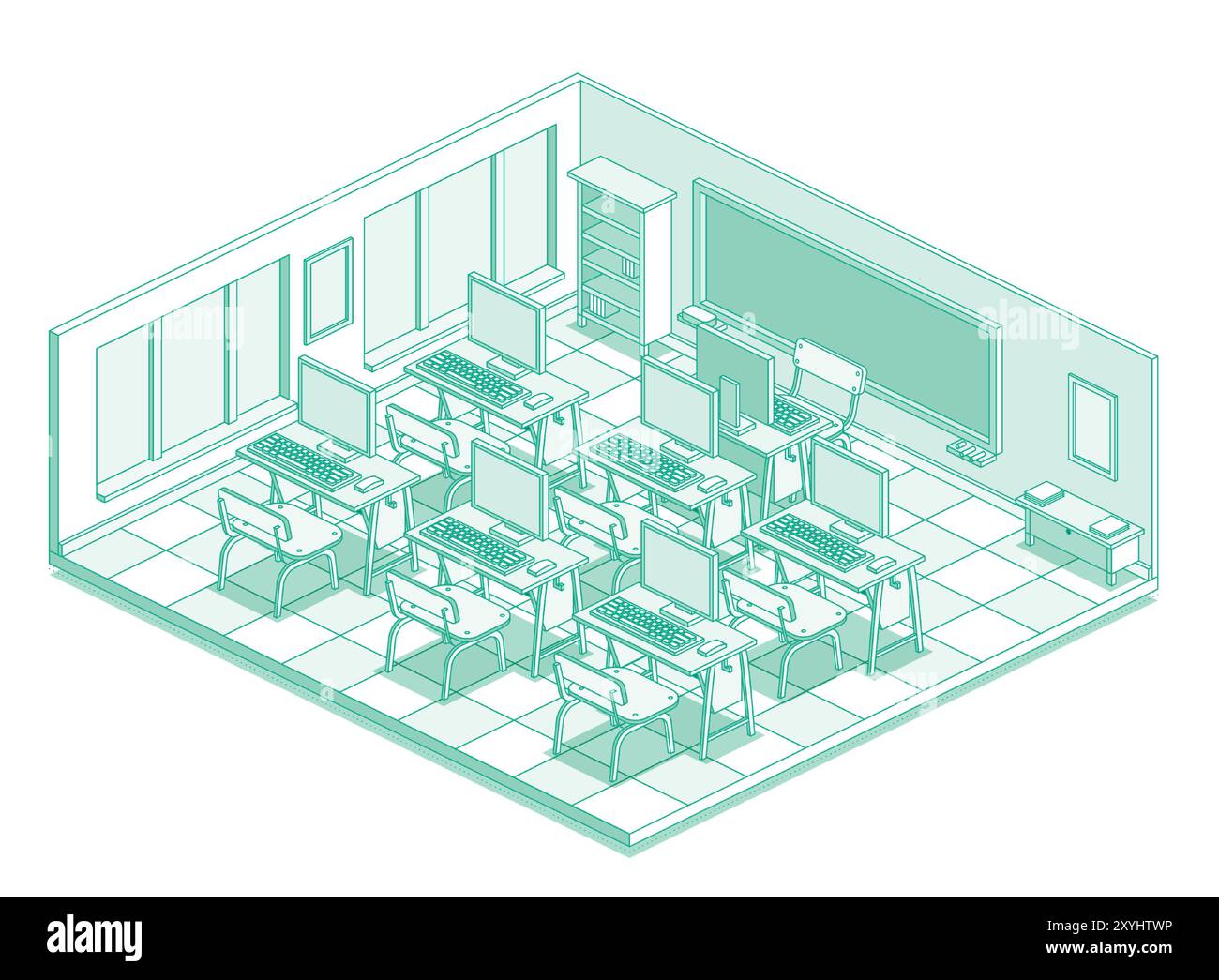 Classe informatique vide isométrique à l'école. Style de contour avec des lignes vertes. Illustration vectorielle. Salle avec tables de bureau, chaises, moniteurs et keyboar Illustration de Vecteur