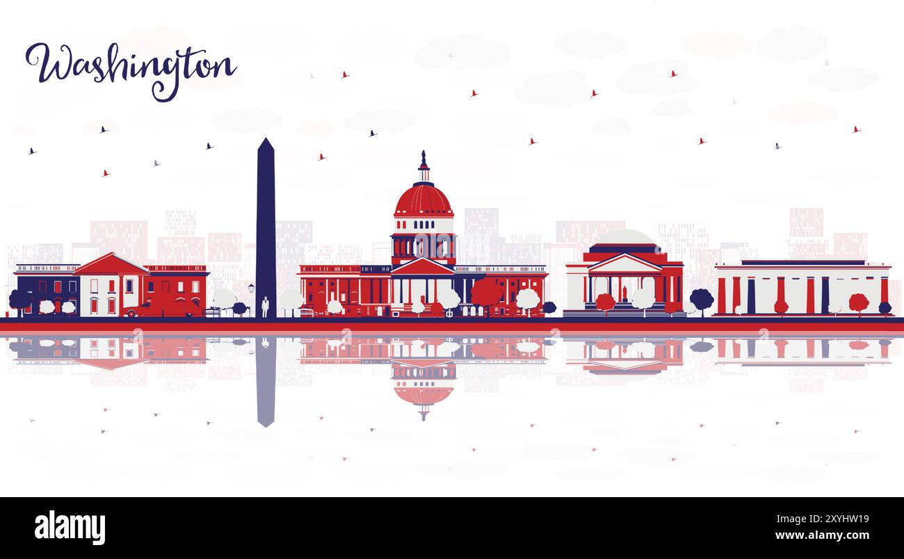 Horizon de la ville de Washington DC avec des bâtiments de couleur et des reflets. Illustration vectorielle. Paysage urbain avec des points de repère. Illustration de Vecteur