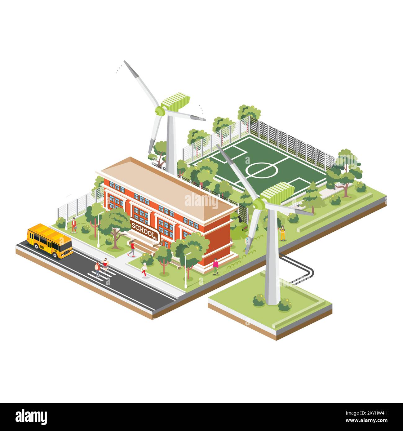 Bâtiment d'école ou d'université avec stade de sport sur la cour d'école. Éoliennes. Énergie propre. Illustration vectorielle. Scène isométrique. Autobus scolaire. Illustration de Vecteur