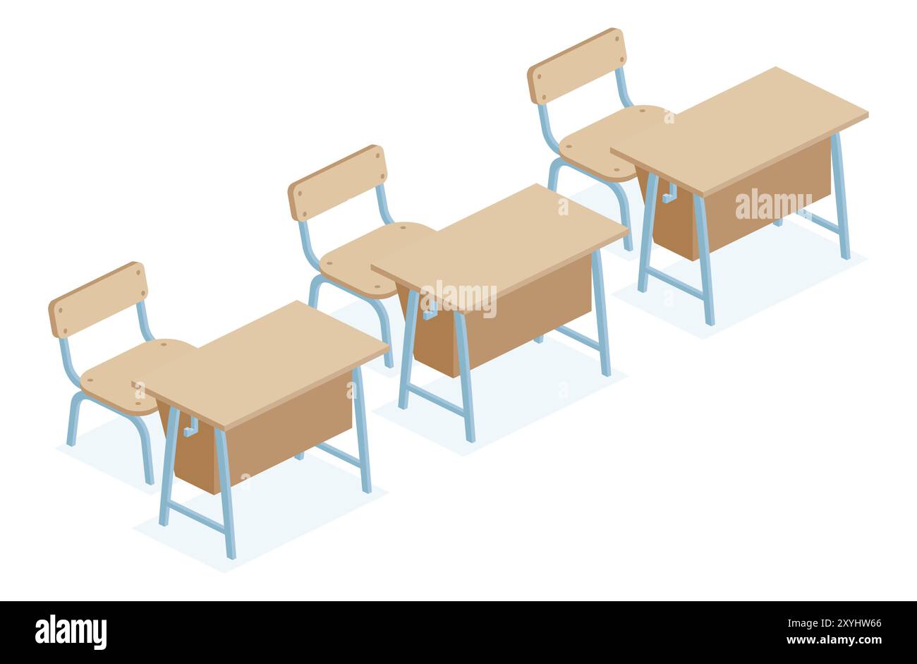 Trois tables et chaises isométriques de bureau d'école. Illustration vectorielle. Objets isolés sur fond blanc. Salle de classe. Illustration de Vecteur