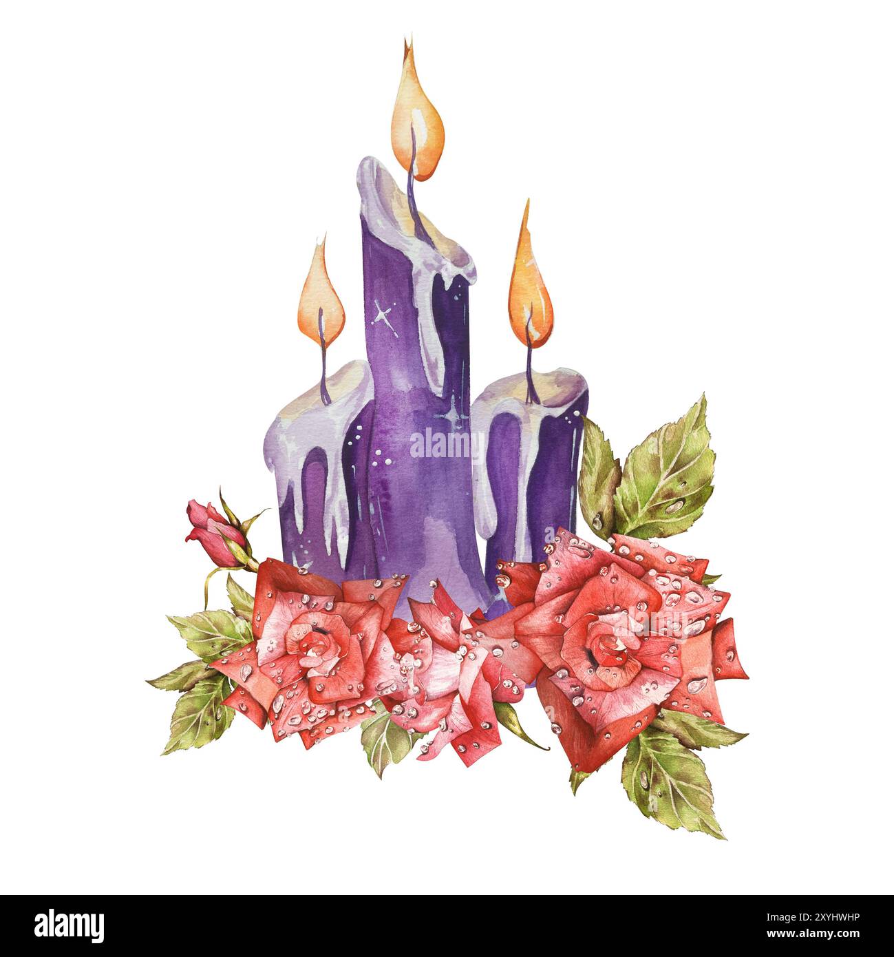 Collection thème Halloween. Composition d'aquarelle. Bougies brûlantes violettes avec des roses brillantes. En tons lilas. Pour les emballages de vacances, cartes postales, Invita Banque D'Images
