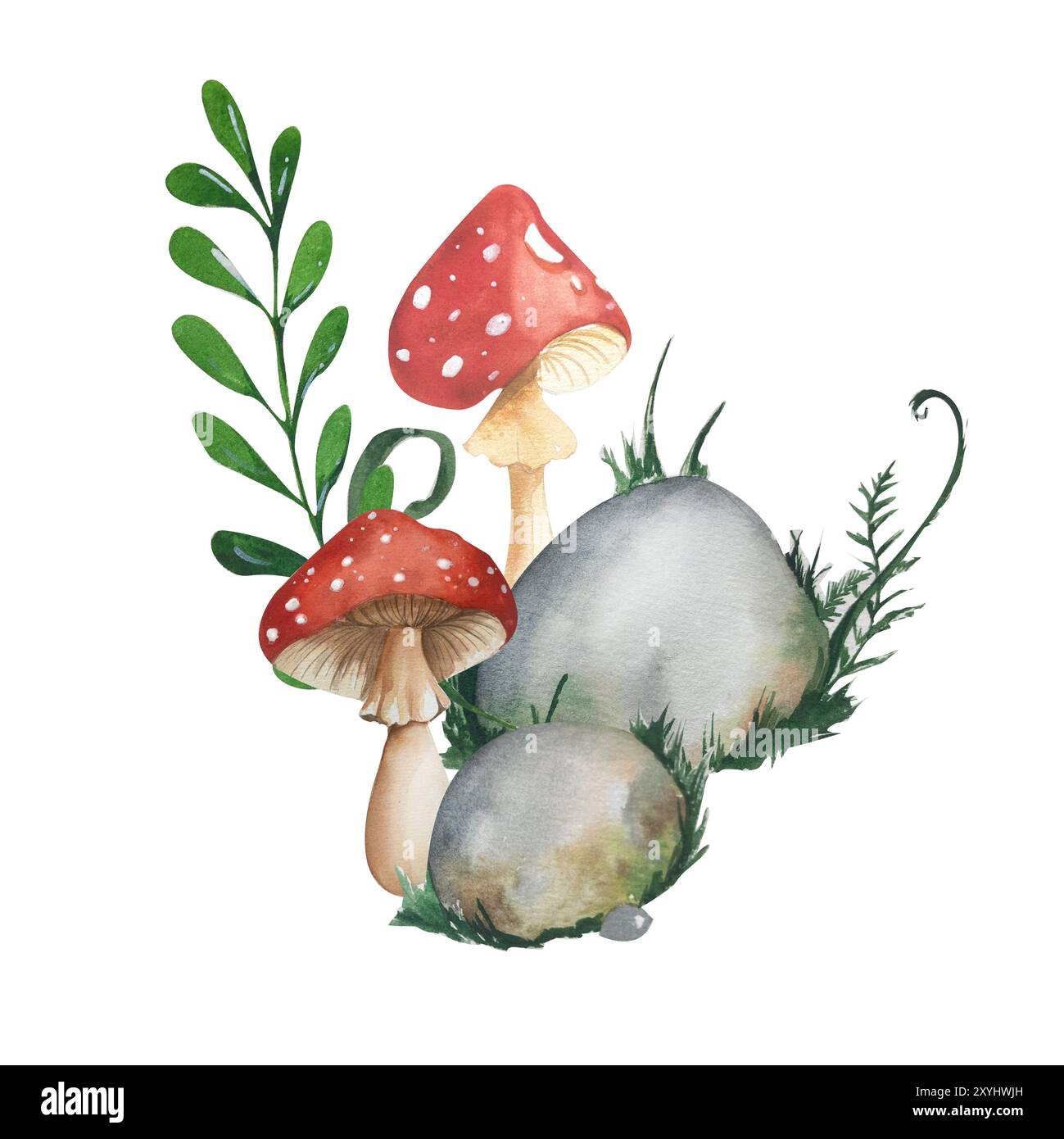 Composition d'aquarelle. Agarics à la mouche brillante, feuilles et herbes, pierres et mousse. Illustration pour enfants esquissée. Pour les forfaits vacances, cartes postales, po Banque D'Images