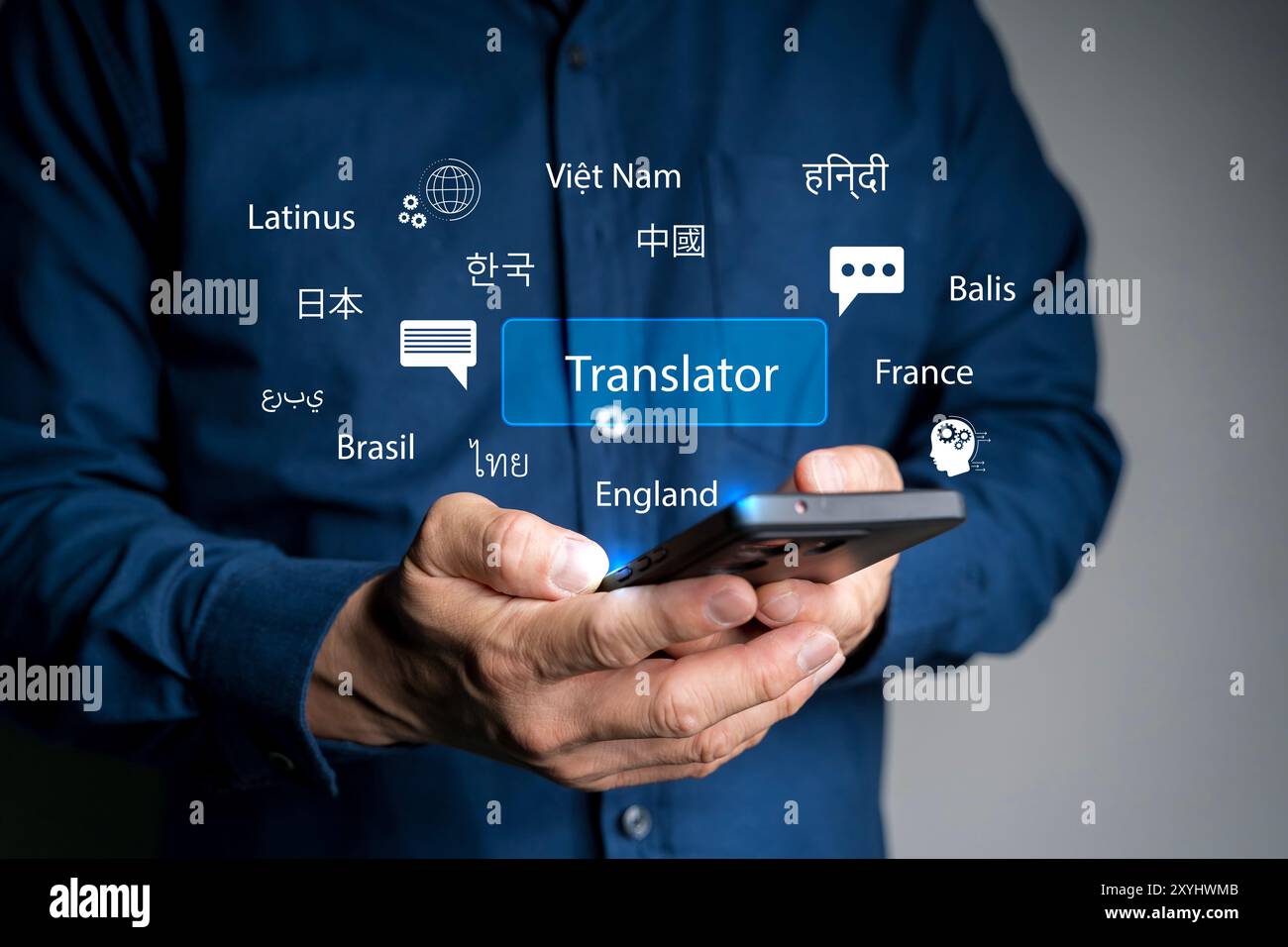 Le concept d'un programme pour traduire dans un smartphone à partir de différentes langues. Illustration de ligne ludique pour la traduction automatique. Multi en ligne l Banque D'Images