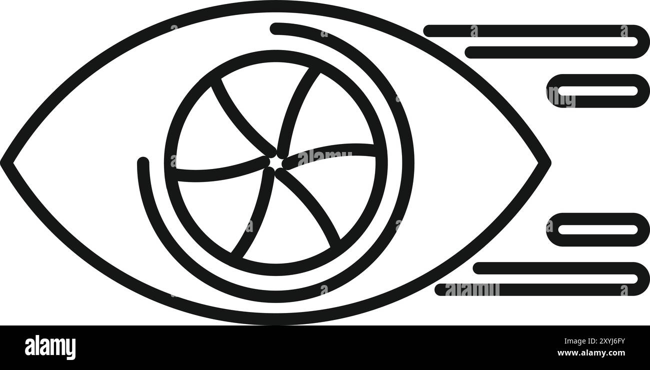 Icône en noir et blanc d'un œil humain se focalisant à grande vitesse, représentée par l'obturateur de la caméra et les lignes de mouvement Illustration de Vecteur