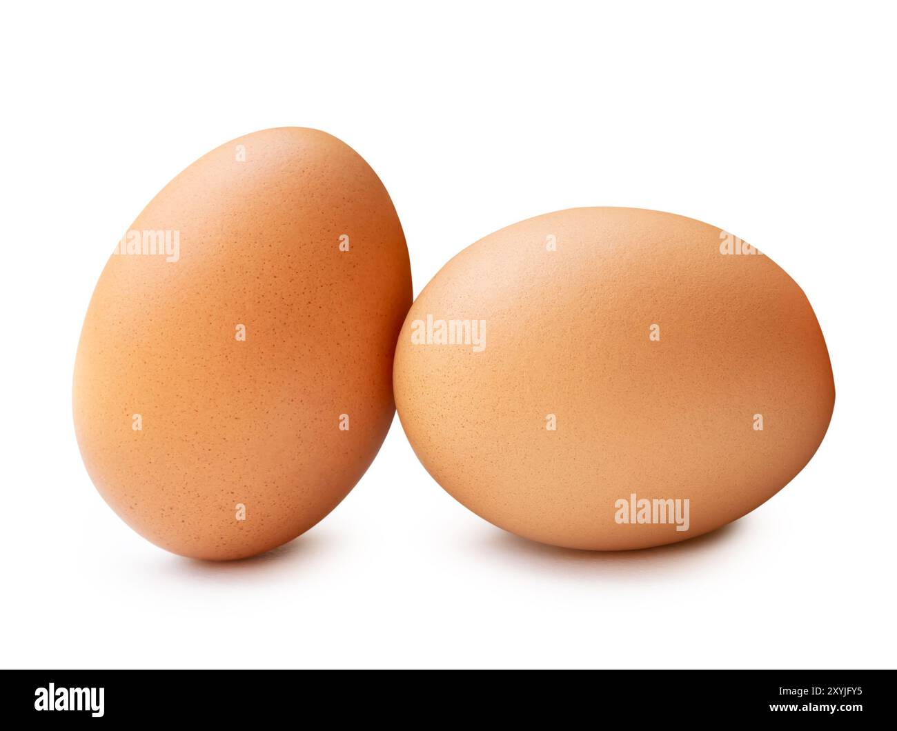 Deux œufs de poule bruns frais dans la pile sont isolés sur fond blanc avec chemin de découpage. Banque D'Images
