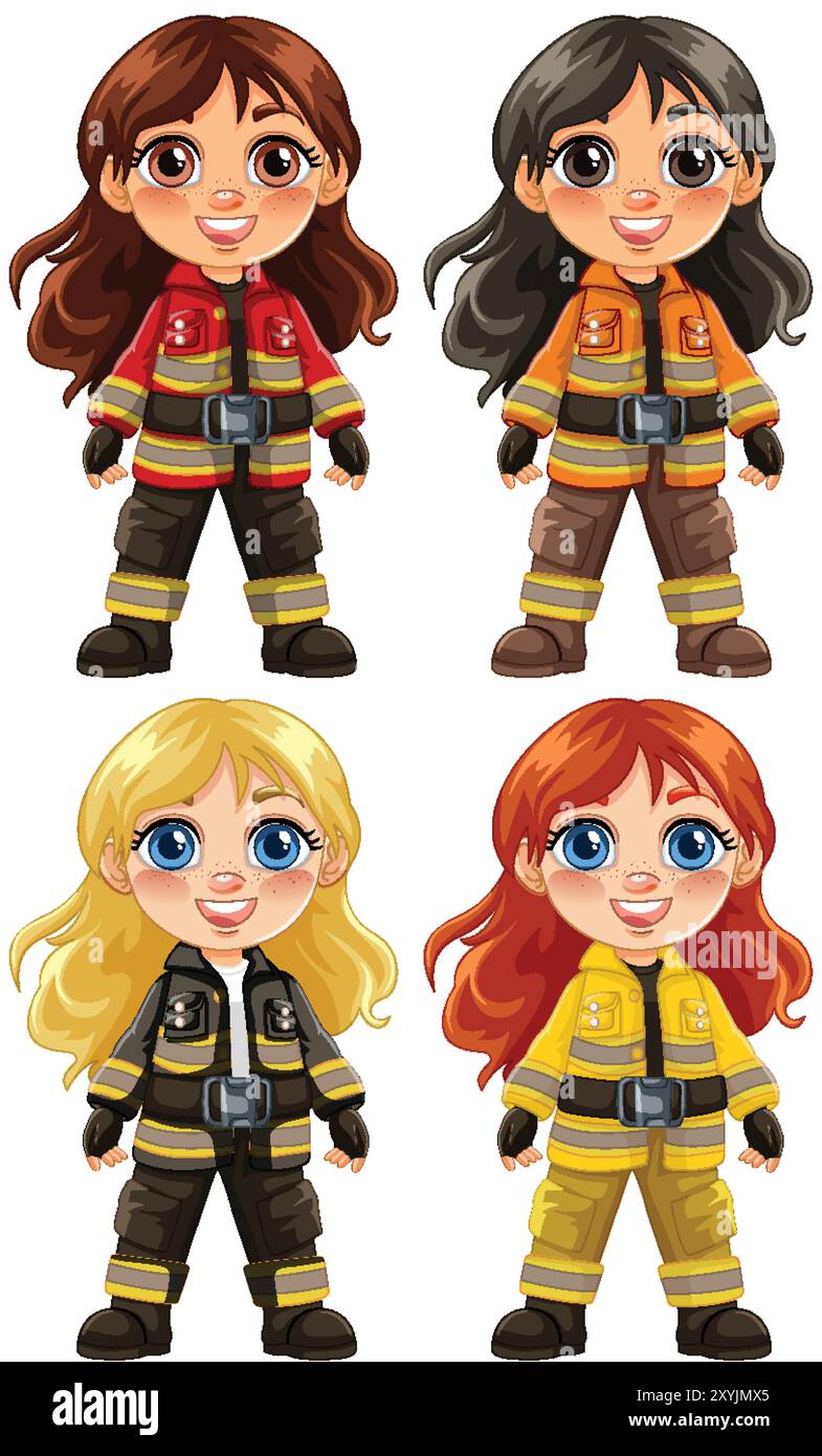 Quatre pompiers femmes en uniformes différents Illustration de Vecteur