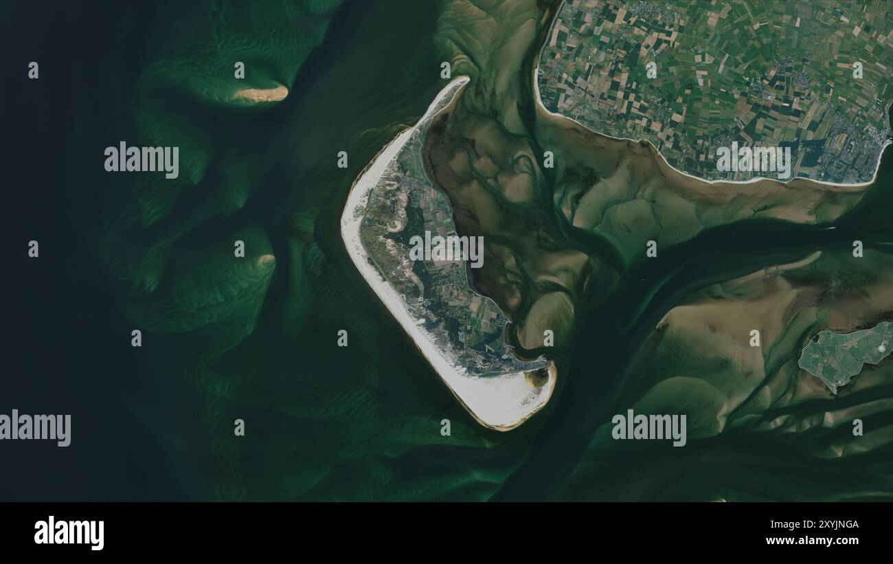 Île Amrum en mer du Nord sur une image satellite prise le 9 septembre 2023 Banque D'Images