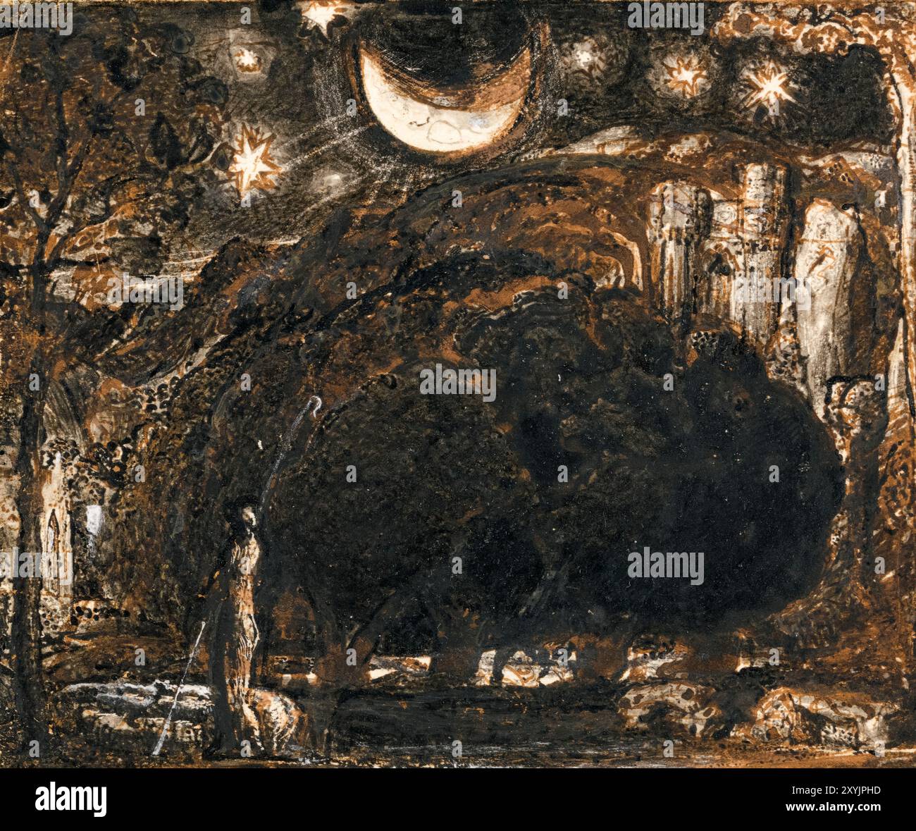 Samuel Palmer, Un berger et son troupeau sous la Lune et les étoiles, peignant vers 1827 Banque D'Images