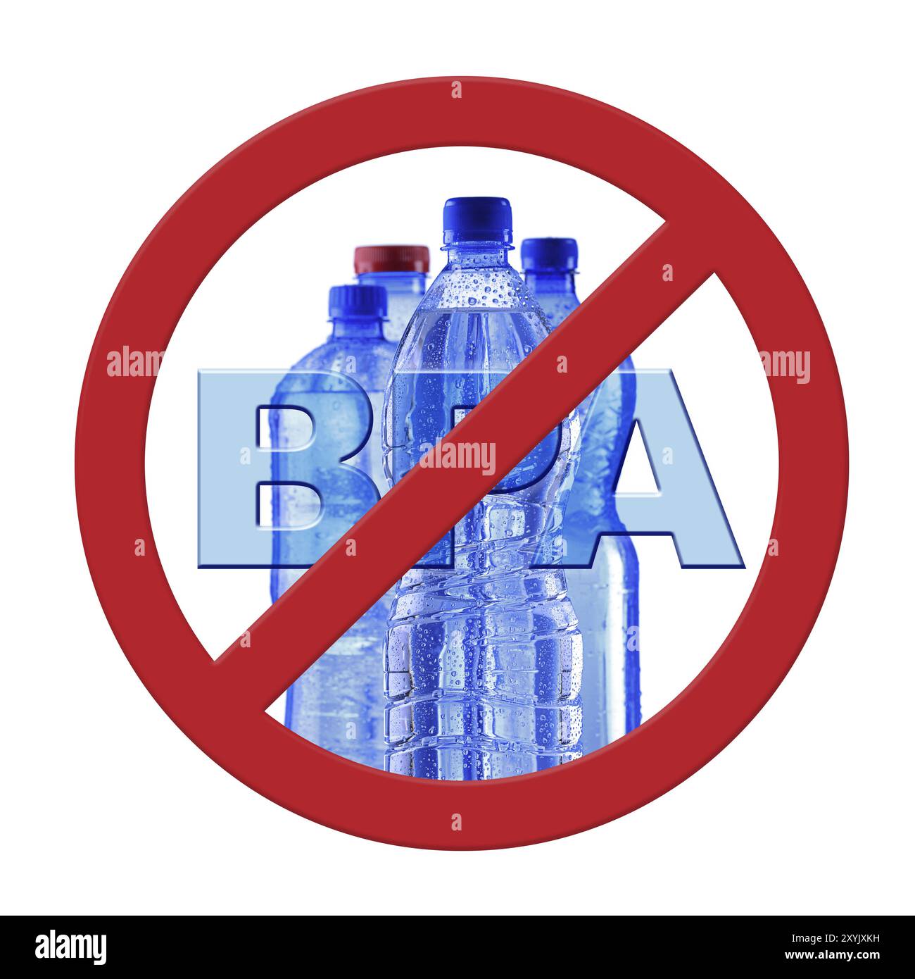 Bouteille en plastique polycarbonate d'eau minérale et panneau anti bisphénol A (BPS) Banque D'Images