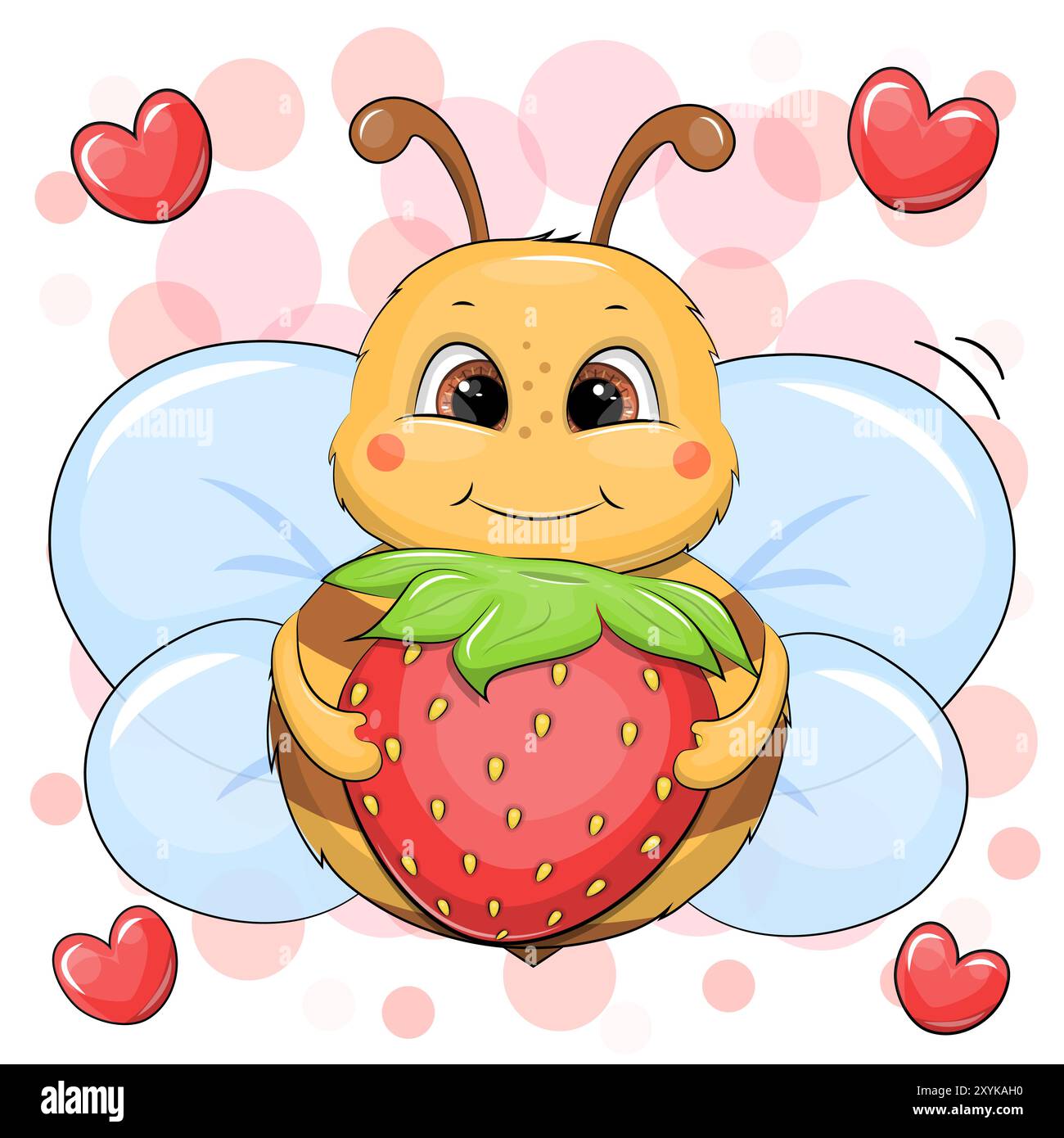 Abeille de dessin animé mignonne avec fraise rouge. Illustration vectorielle de l'animal sur fond rouge avec des coeurs. Illustration de Vecteur