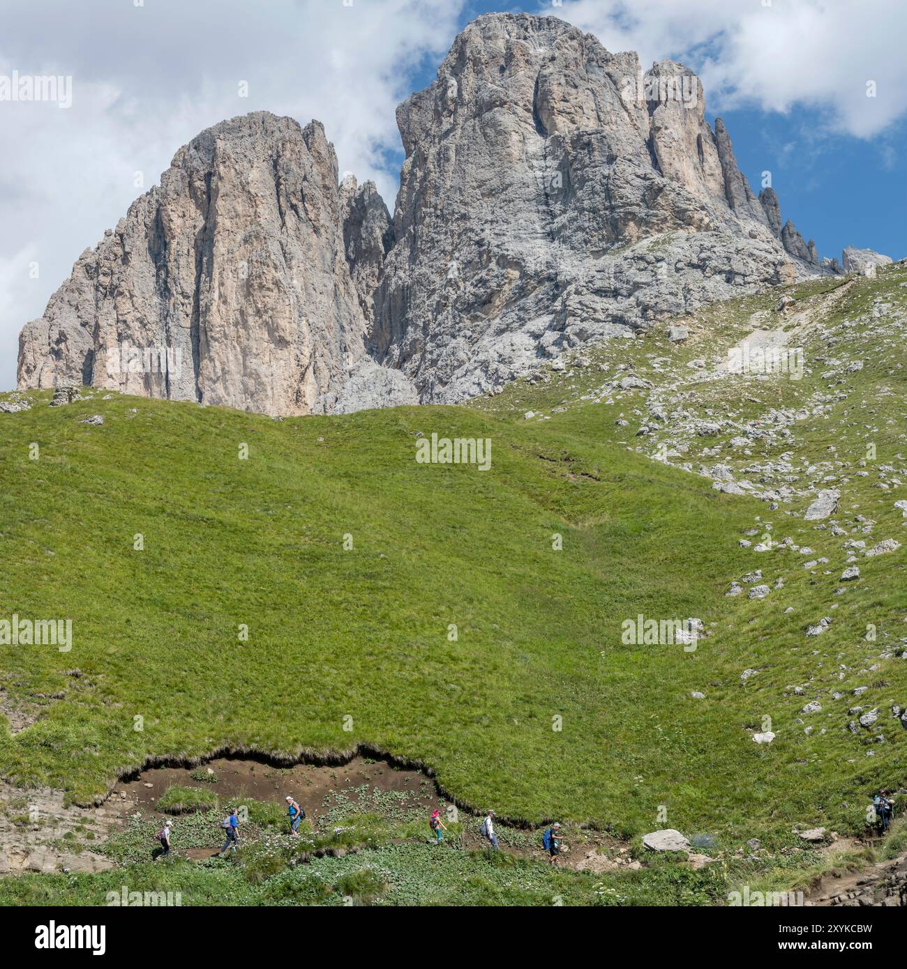 Paysage avec des randonneurs sur le sentier sur le versant sud de Sasso Lungo, tourné dans la lumière de l'été près du Col Rodella, Italie Banque D'Images