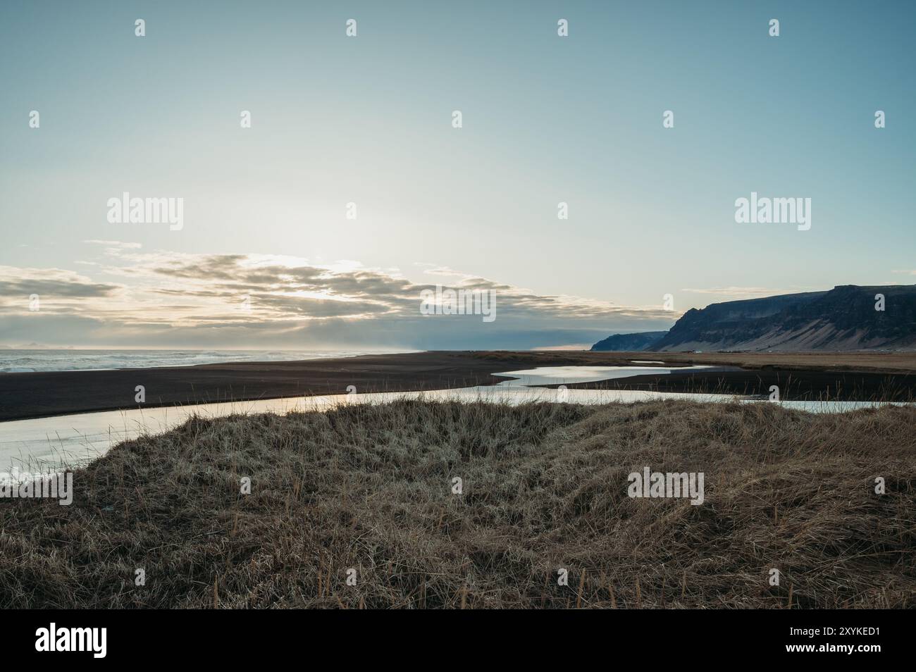 Coucher de soleil sur les dunes herbeuses de plage en Islande au printemps Banque D'Images