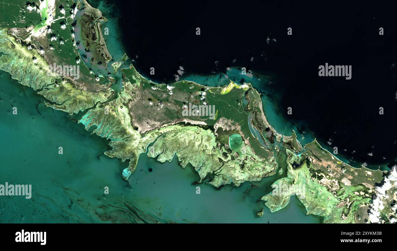 Île de la Caïque moyenne dans l'océan Atlantique Nord sur une image satellite prise le 15 octobre 2023 Banque D'Images