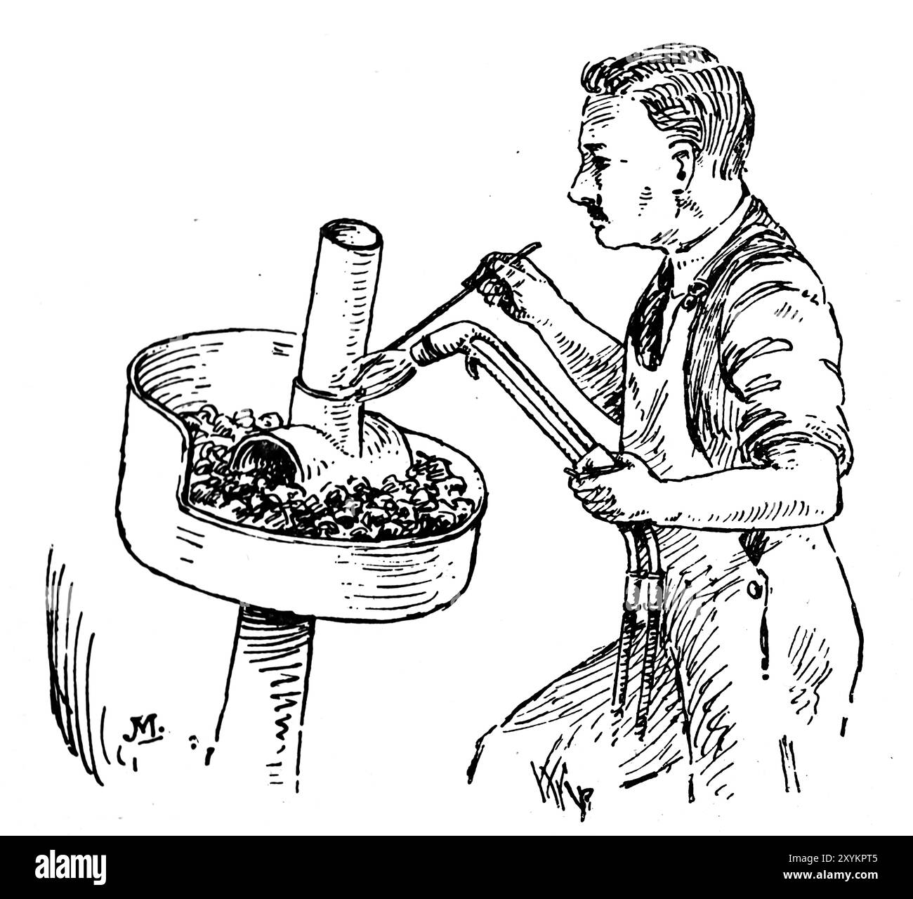Illustration montrant un homme brasant un raccord en T à l'aide d'une soufflerie d'air et de gaz. Cette photographie est tirée d'une large sélection d'illustrations d'ingénierie et de photos imprimées principalement non attribuées qui ont été publiées à l'origine en 1936. Les tailles et la qualité des originaux varient assez largement. Banque D'Images