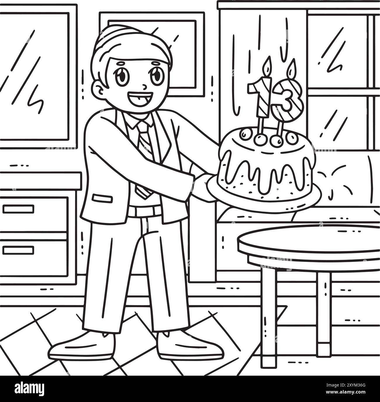 Bar Mitzvah Boy avec Cake Coloriage page pour les enfants Illustration de Vecteur