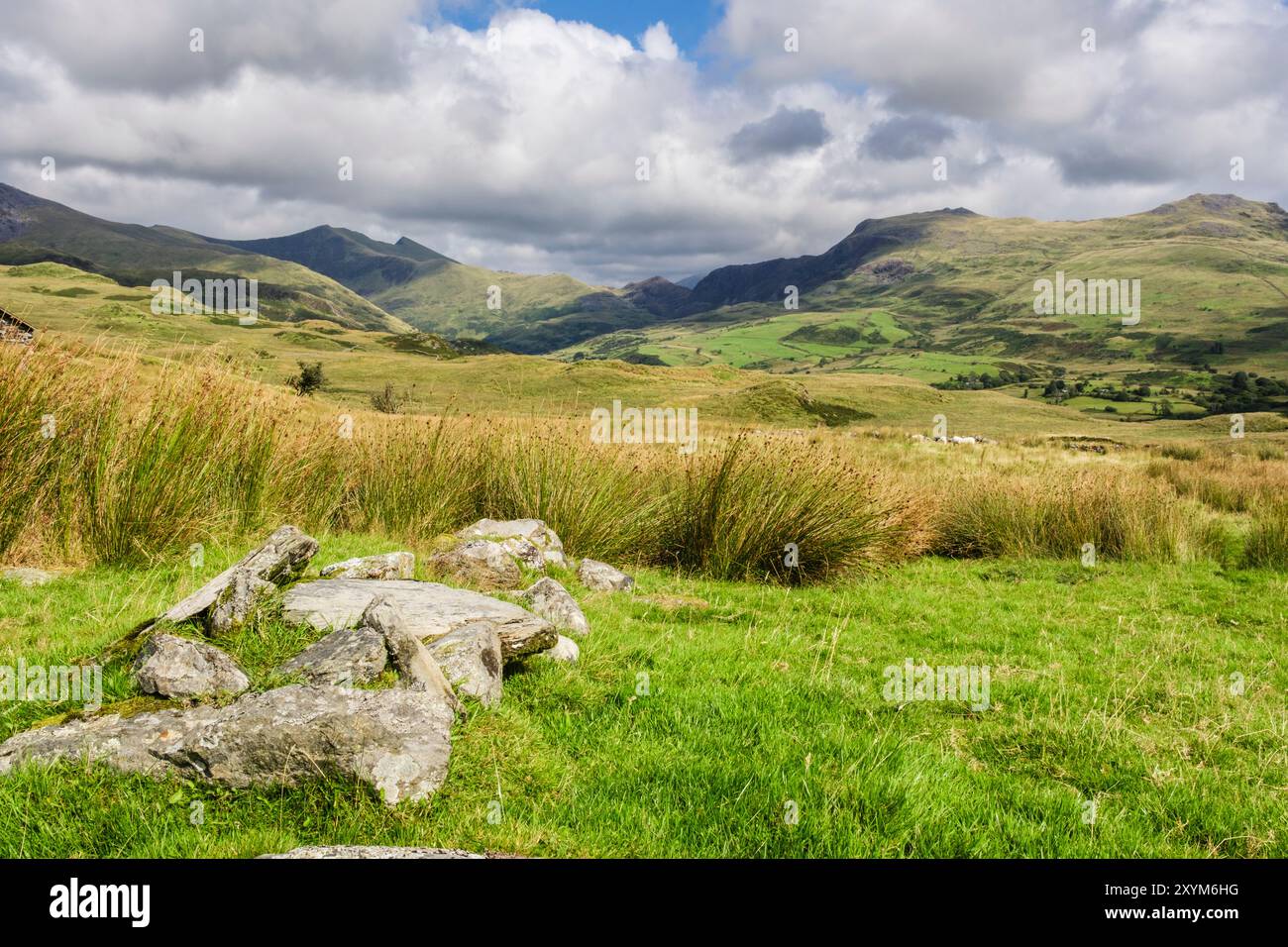 Vue panoramique sur les montagnes au-dessus de Cwm Pennant en été dans la campagne de Snowdonia. Llanfihangel-y-Pennant, Porthmadog, Gwynedd, nord du pays de Galles, Royaume-Uni, Grande-Bretagne Banque D'Images