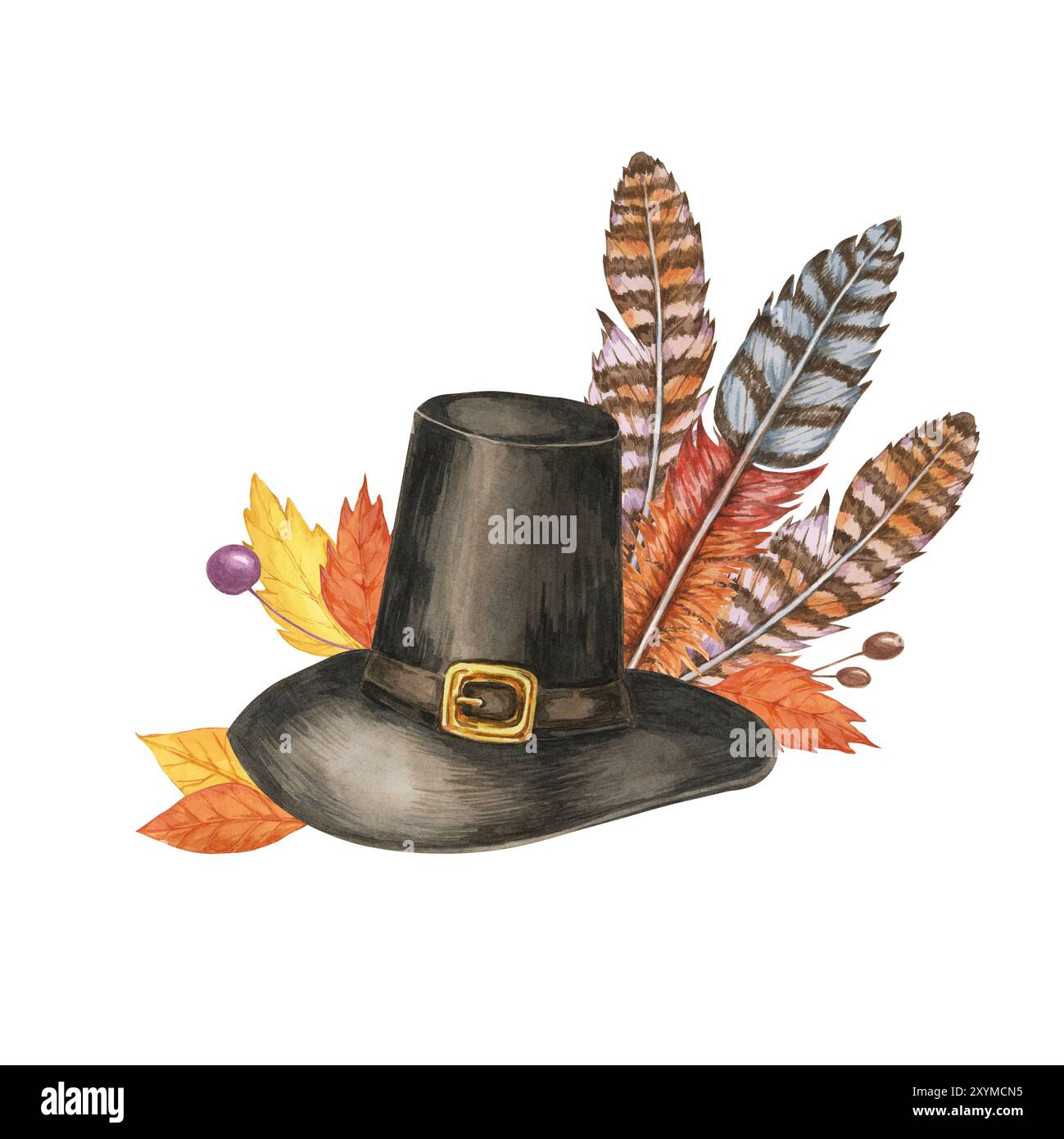 Chapeau de pèlerin avec plumes de dinde, placé à côté de deux citrouilles, une orange, l'autre violette. Illustration aquarelle isolée pour l'automne ou Thanksgiving invitations, cartes de voeux, ou marchandises Banque D'Images