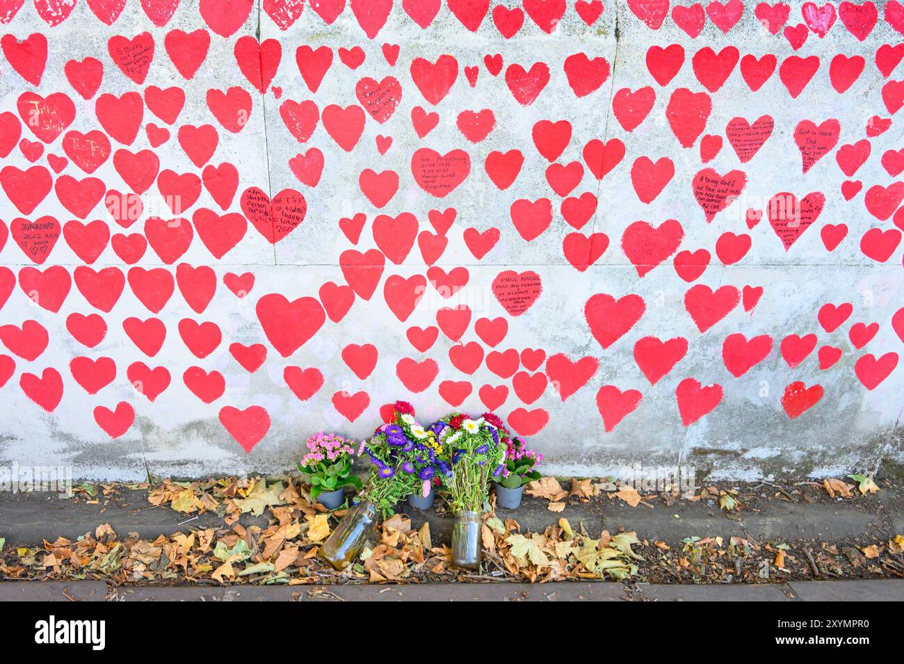 Londres, Royaume-Uni. Fleurs laissées au mur commémoratif national COVID sur la rive sud, commencé en 2021 par des bénévoles pour se souvenir de ceux qui sont morts pendant la Co Banque D'Images
