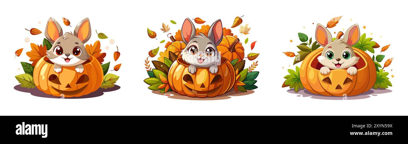 Ensemble de lapins mignons sortant de citrouilles sculptées, entourés de feuilles d'automne. Concept d'Halloween, la saison d'automne, illustrations festives et Ado Illustration de Vecteur