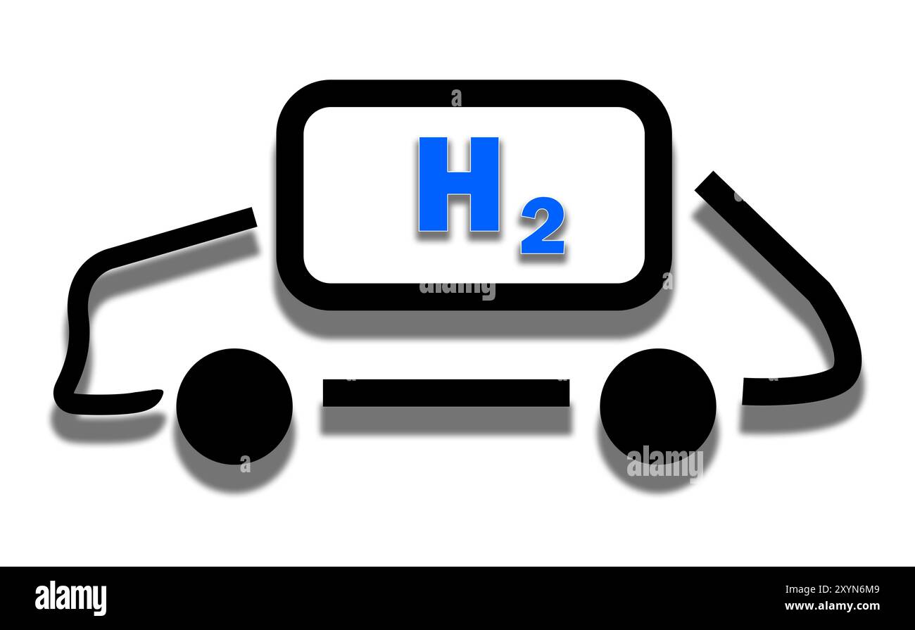 Illustration simple de la voiture avec le symbole bleu H2 pour les panneaux de stations de véhicules à hydrogène Banque D'Images