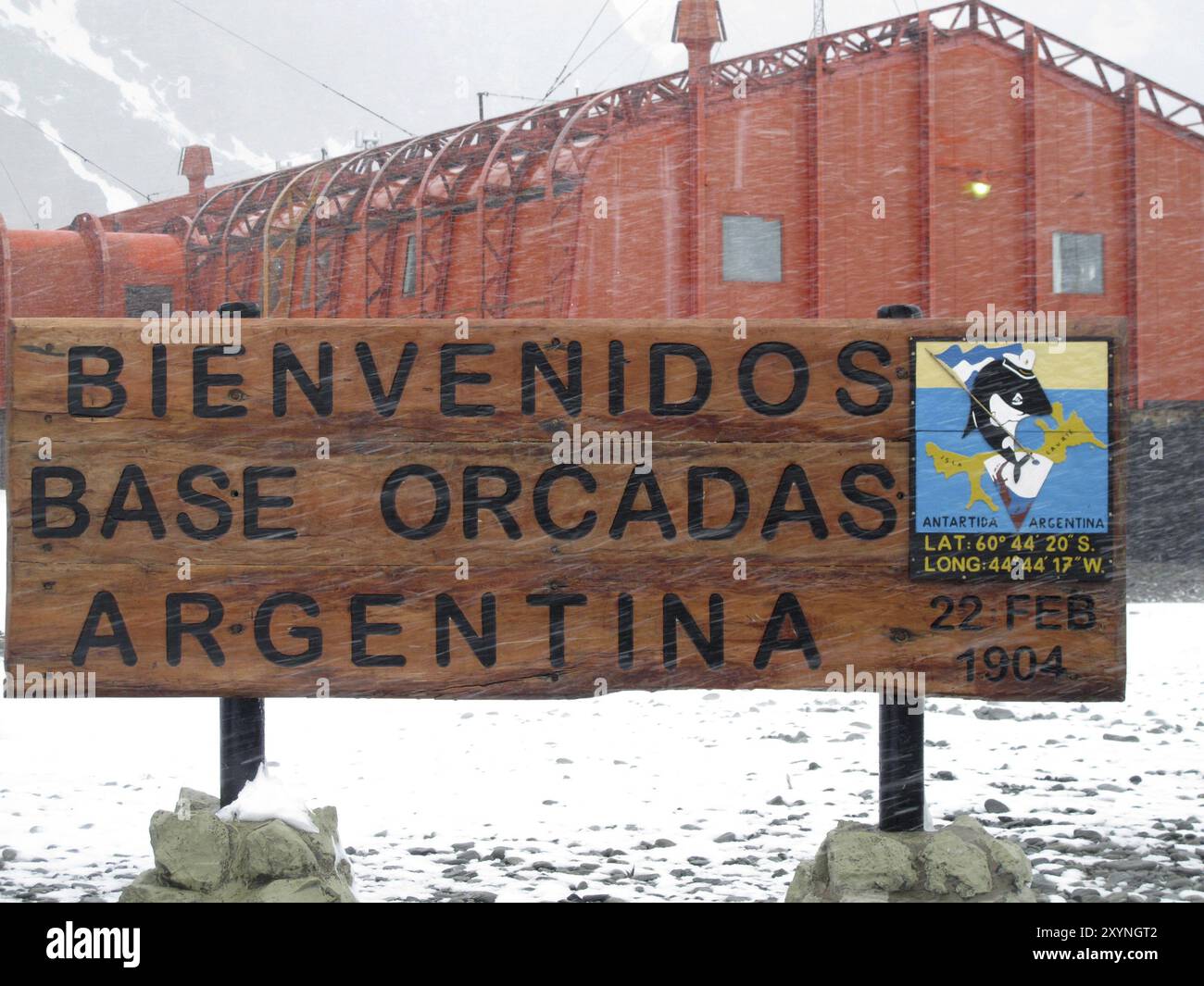 Panneau de bienvenue, Orcadas Polar Research Station Argentina, Laurie Island, South Orkney Islands, Antarctique Banque D'Images