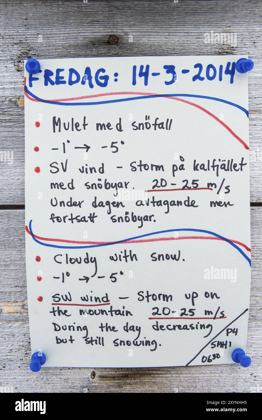 Bulletin météo manuscrit, Abiskojaure, Norrbotten, Laponie, Suède, mars 2014, Europe Banque D'Images