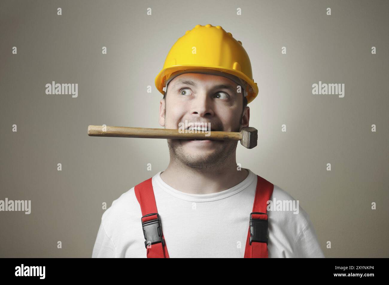 Crazy handyman avec chien Banque D'Images