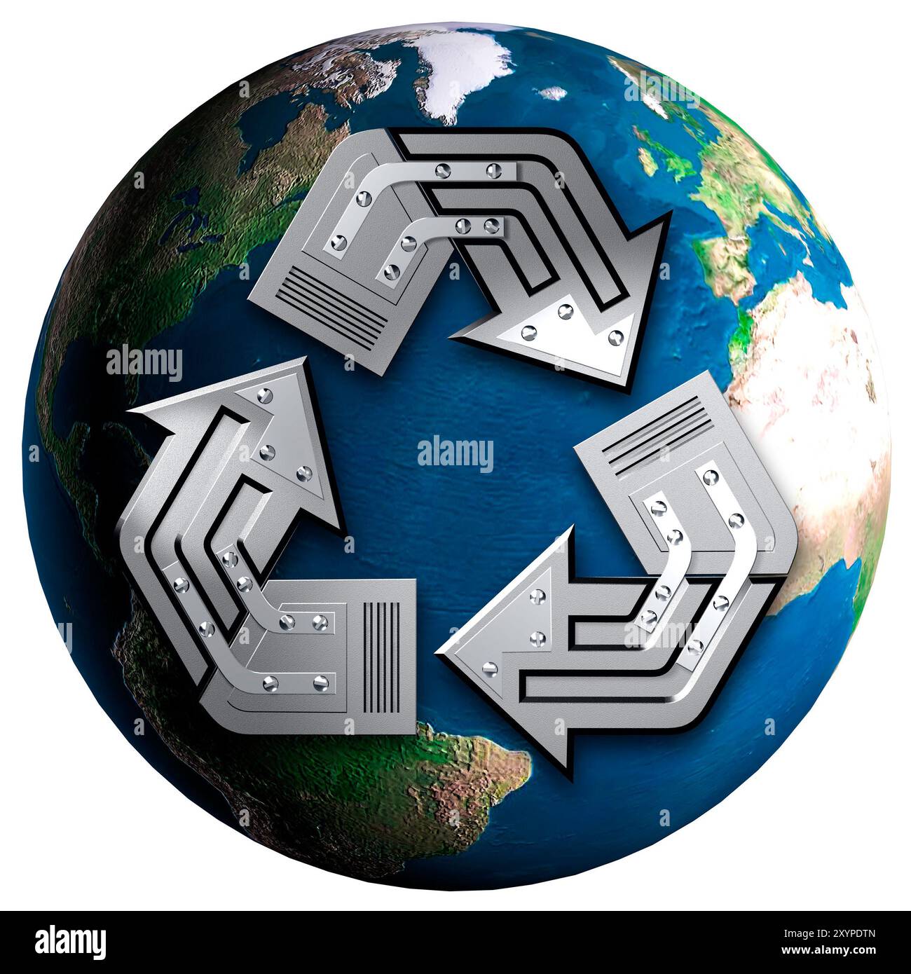 Symbole de recyclage artistique sur le globe terrestre illustration conceptuelle 3D concept d'environnement et d'écologie isolé sur fond blanc Banque D'Images